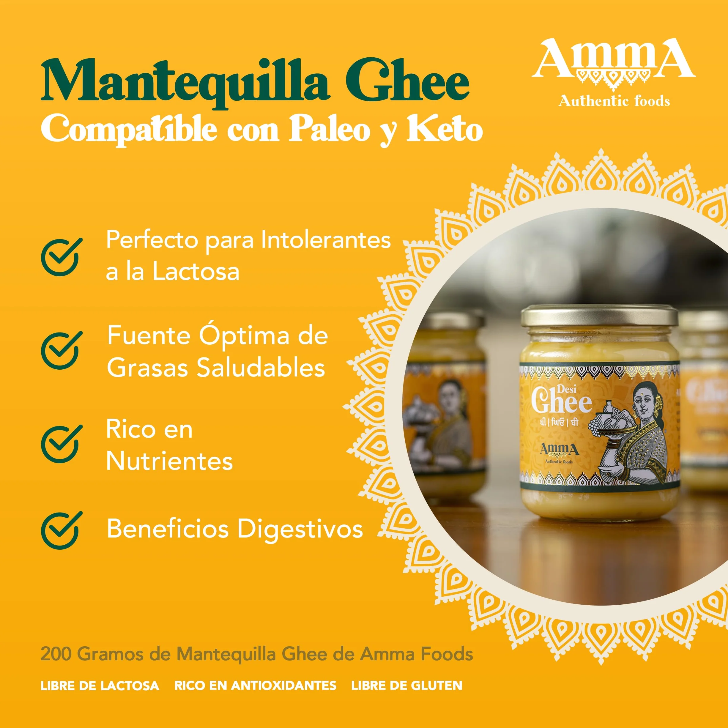 Amma Authentic Foods Ghee Mantequilla Clarificada 400g Apto para Keto y Paleo