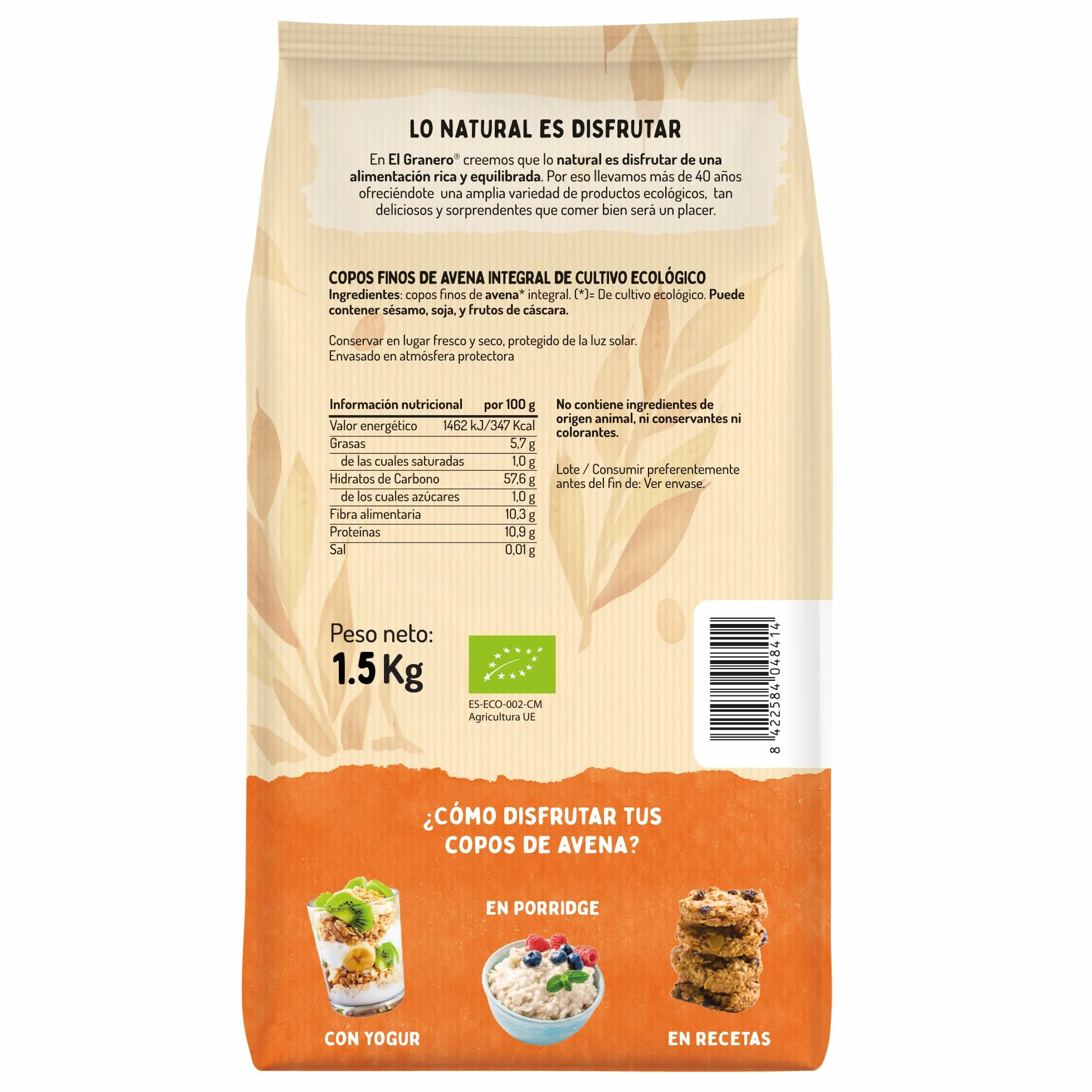 Copos Suaves Avena Integral Ecológica 1.5 kg Sin Azúcar Alto Contenido Fibra Proteínas