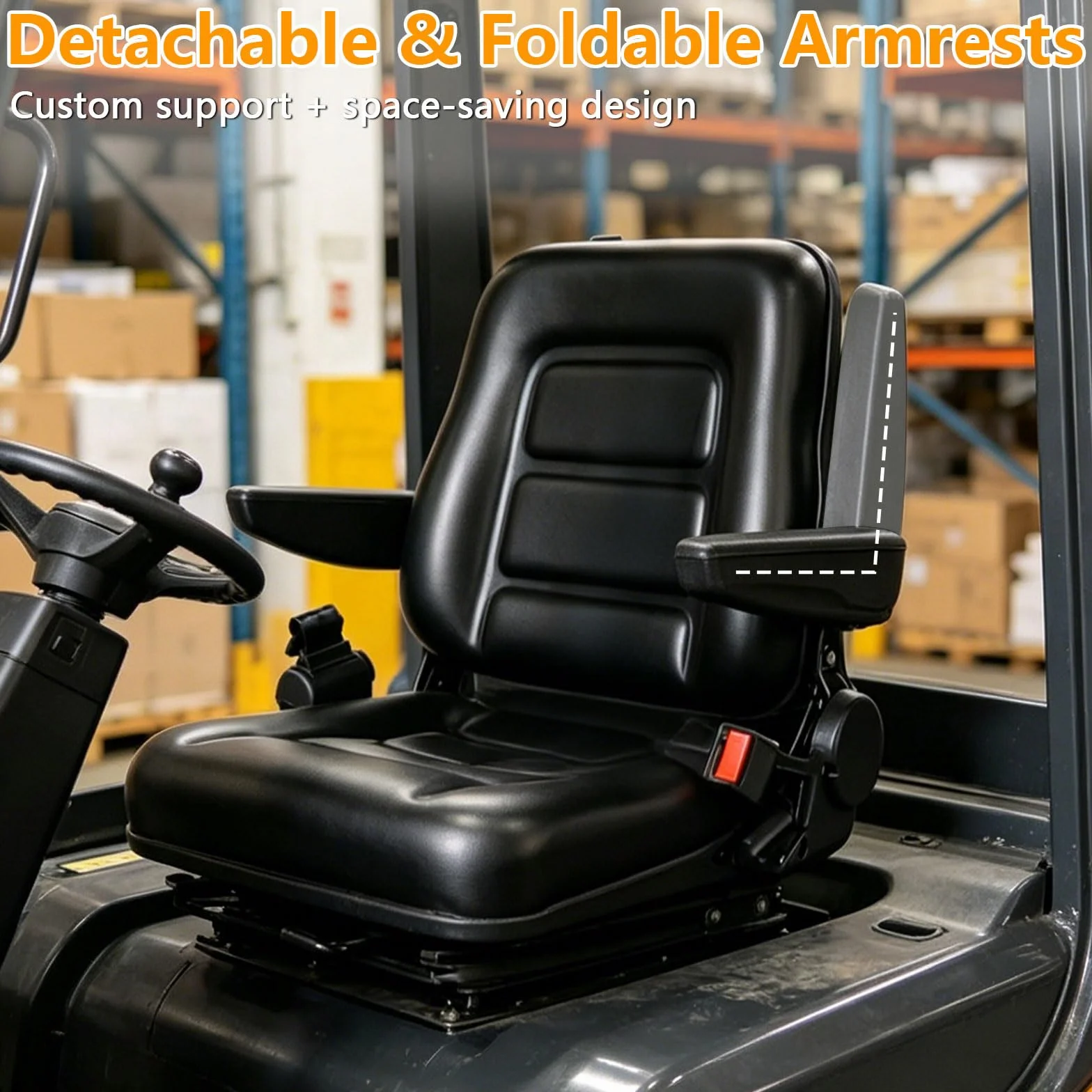 Asiento universal para montacargas, asiento de tractor con respaldo ajustable de 35°–180°, guía deslizante, apoyabrazos plegables y desmontables, cinturón de seguridad retráctil para montacargas