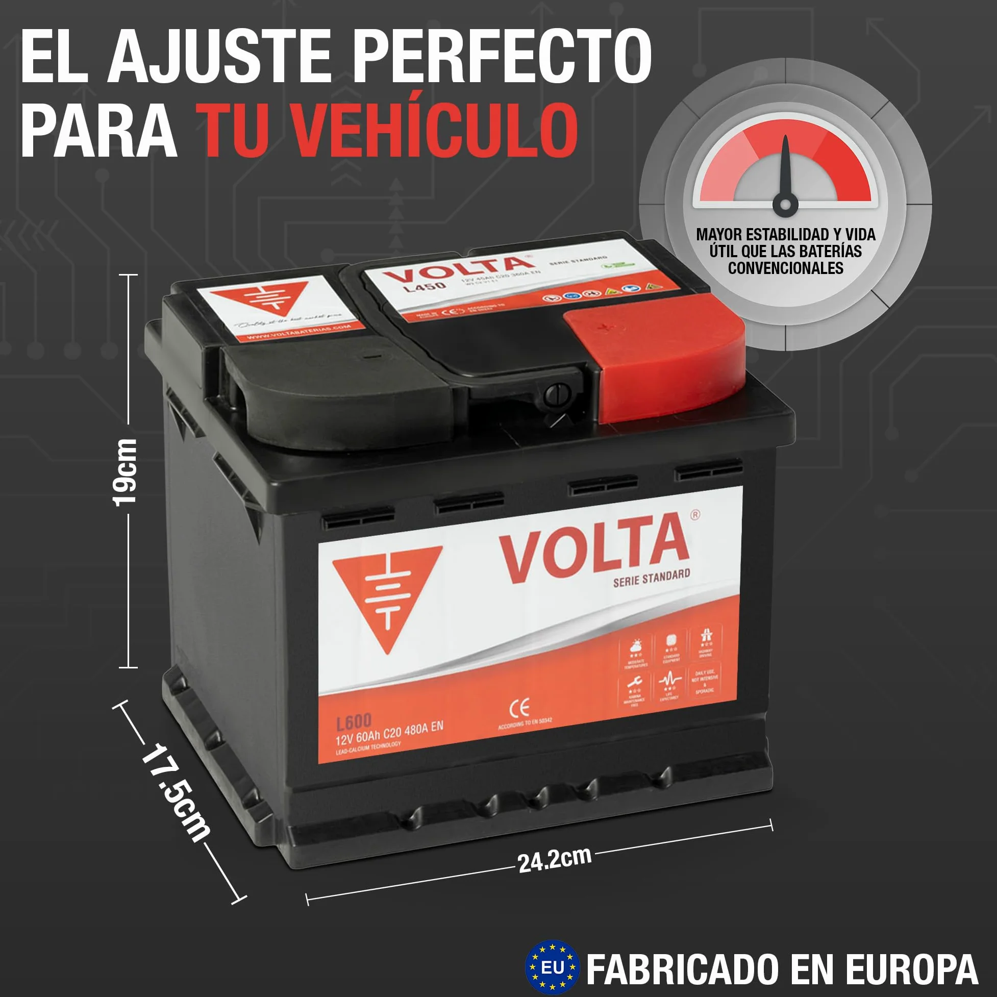 Batería De Coche 60Ah 480A EN Standard Volta L600D, bateria de automóvil de turismo, Plomo-Calcio, Batería 60Ah - Borne +Dcha - Medidas 242 x 175 x 190mm con 2 años de Garantía - Fabricación Europea