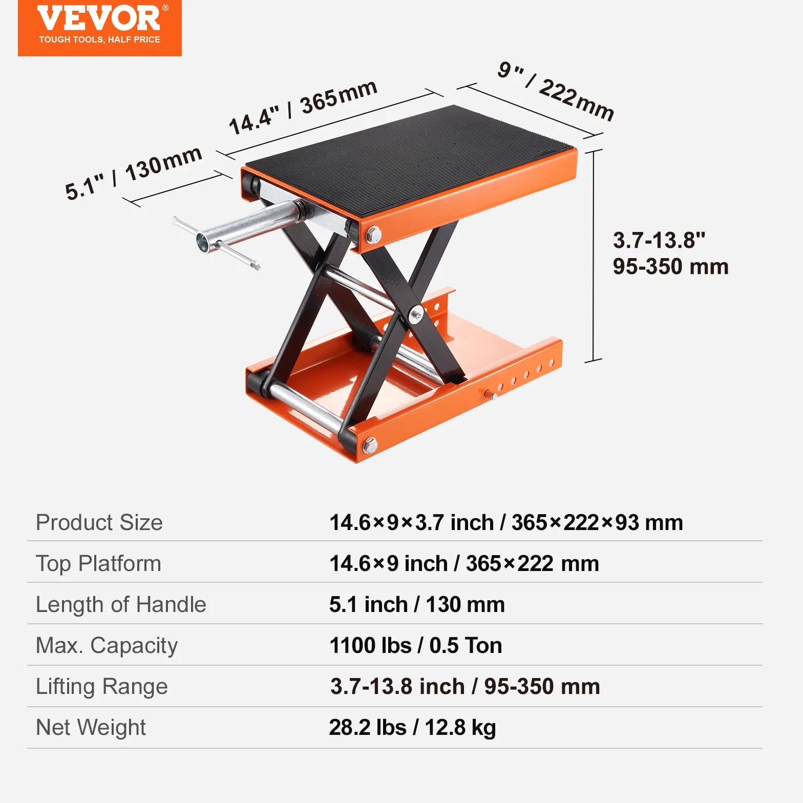 VEVOR Gato de Tijera para Moto Capacidad de 500kg Elevador de Motocicletas Altura de Elevación 9,5-35cm Elevador de Tijera de Acero Plataforma Antideslizante de 36,5x22 cm para Taller de Mantenimiento