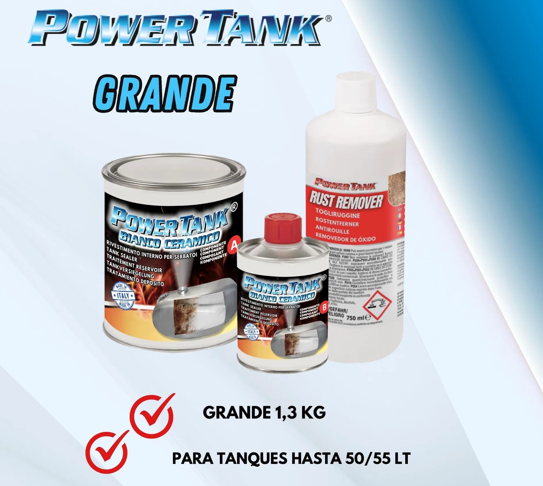 POWER TANK Blanco Cerámico - Tratamiento para tanques deposito coche (50/55 LT) Kit grande 1,3 kg elimina óxido repara protege interior oxidado de tanques gasolina diésel de motos con antioxidante.