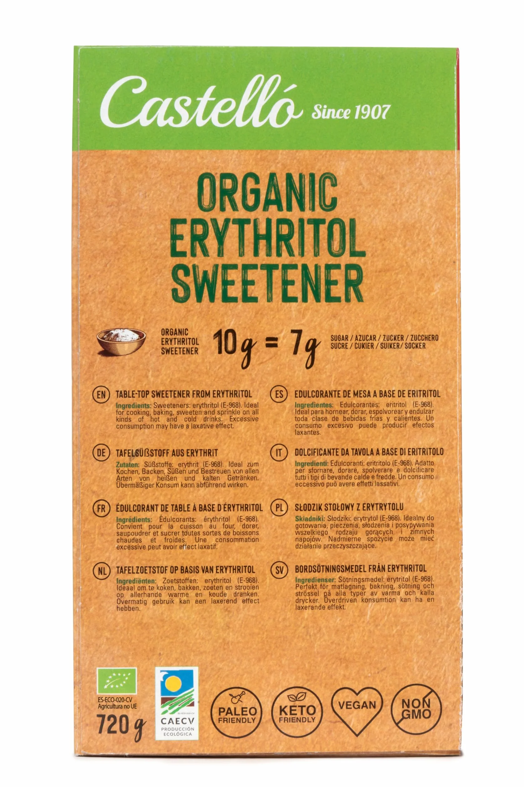 Castello Eritritol Ecológico 144 Sobres 5 g Sustituto del Azúcar Keto Paleo 0 Calorías No OGM 720 g