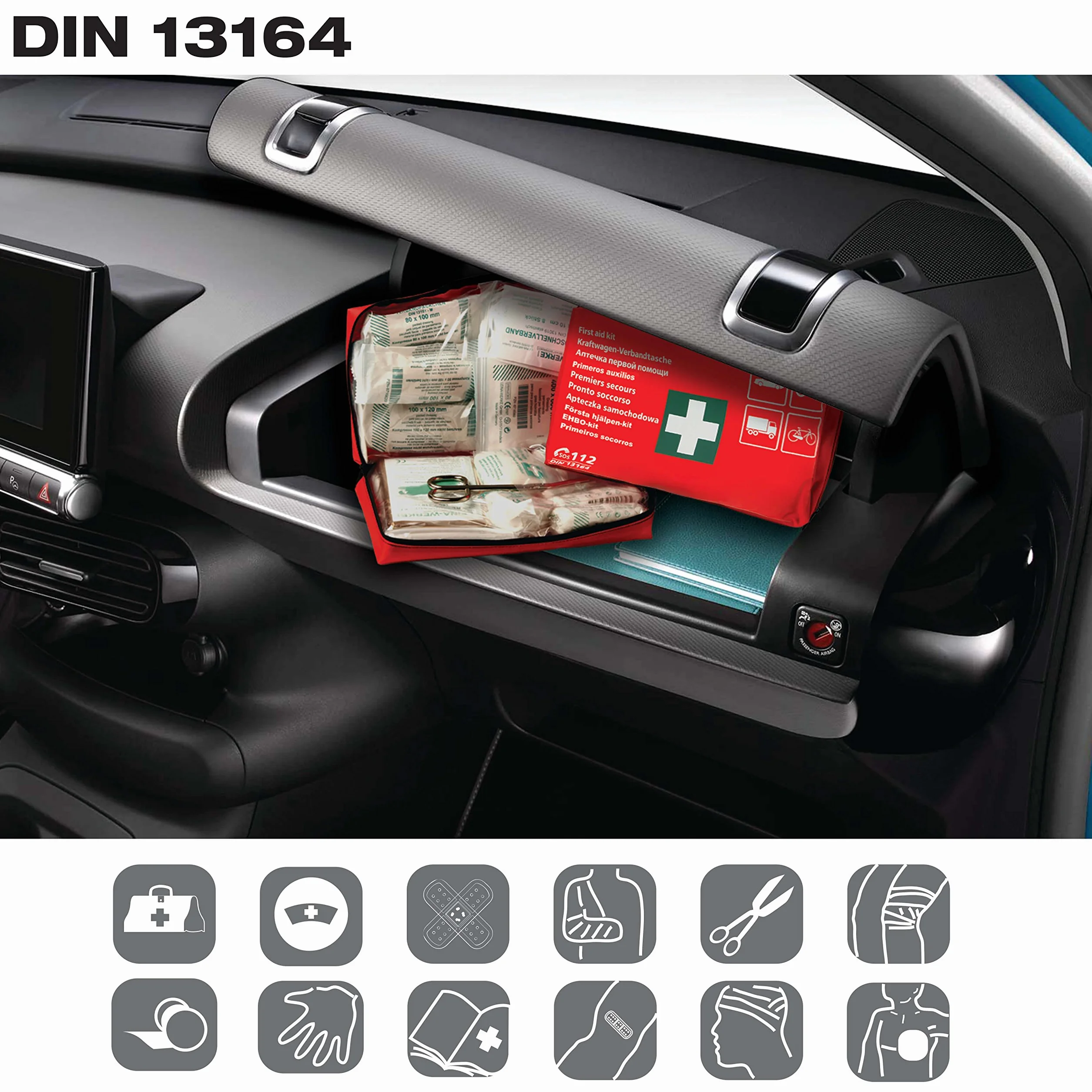 S SUMEX Botiquín Primeros Auxilios DIN 13164 Kit Emergencia para Coche, Cumple Normativa Europea, Equipamiento Completo, Bolsa Roja
