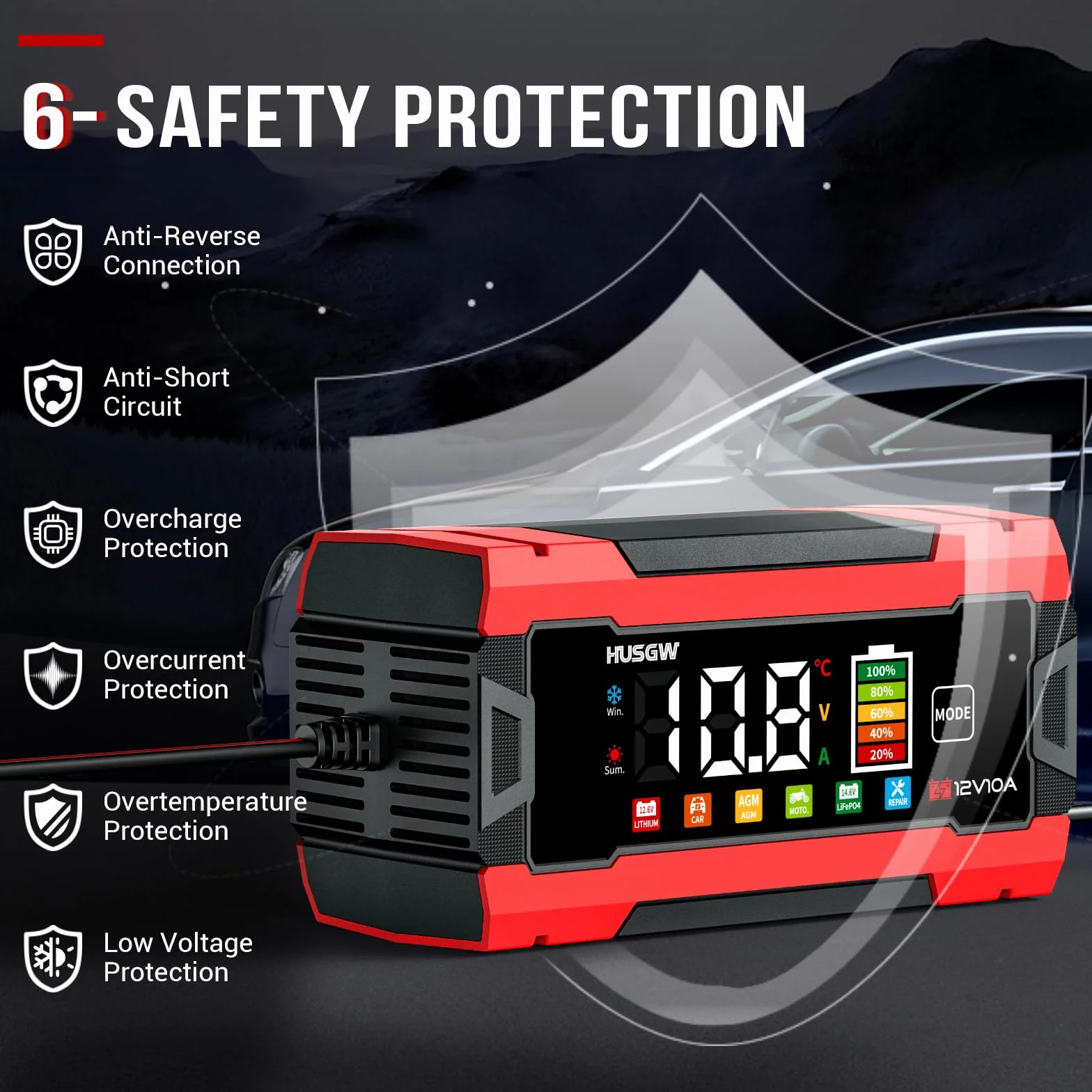 12V 10A Cargador de Batería de Coche, LiFePO4 Cargador de Batería de Moto, Proceso de Carga de Tres Etapas, Protección de Seguridad Múltiple, para Auto, Moto, AGM, Gel, Wet, SLA, LiFePO4 (10 Rojo)
