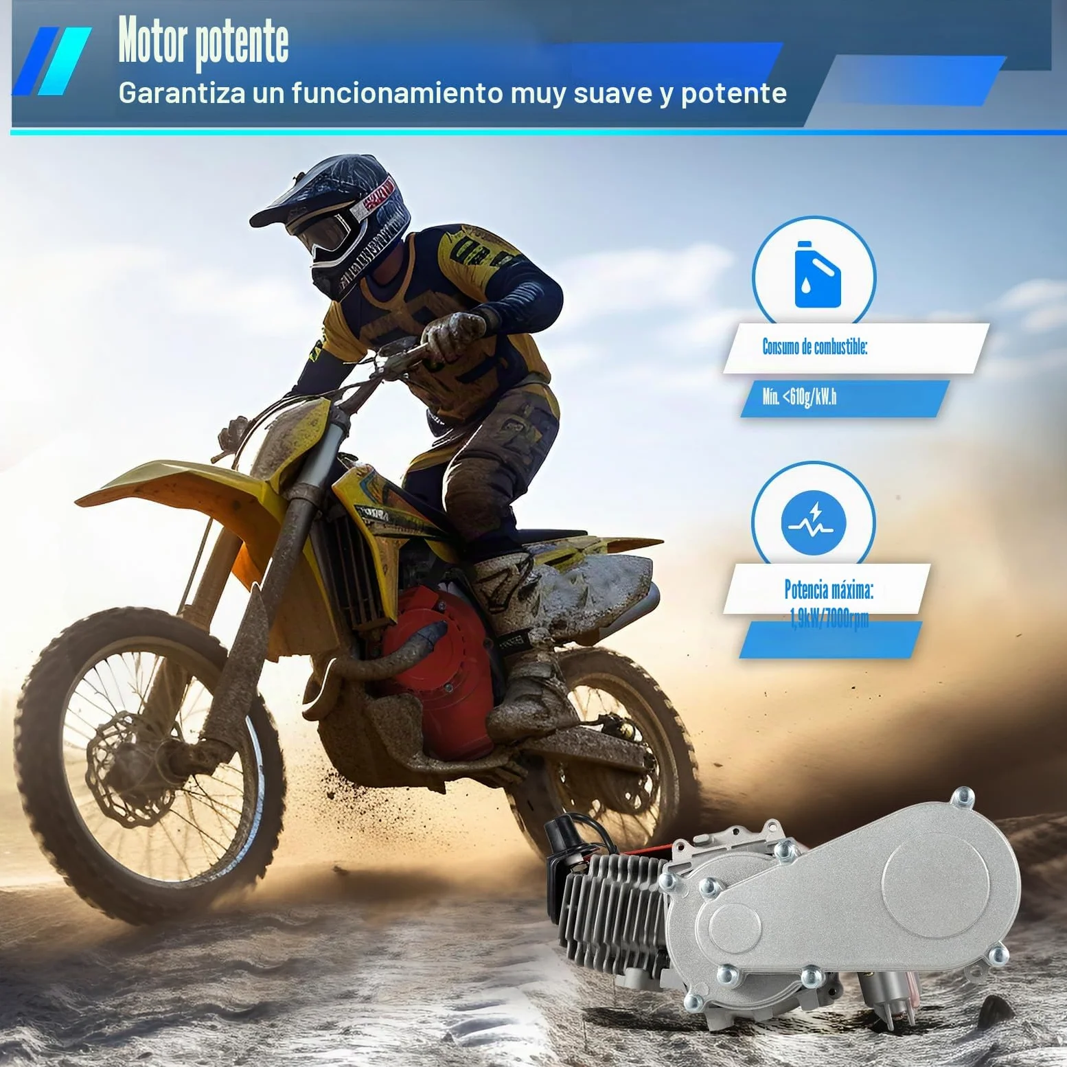 MINRS Motor de 49 CC de 2 tiempos, mini motor, motor de cilindro único, refrigeración por aire, arranque manual mejorado, caja de cambios CVT 1,9 kW 3 CV para mini dirt bike, beach bike, ATV