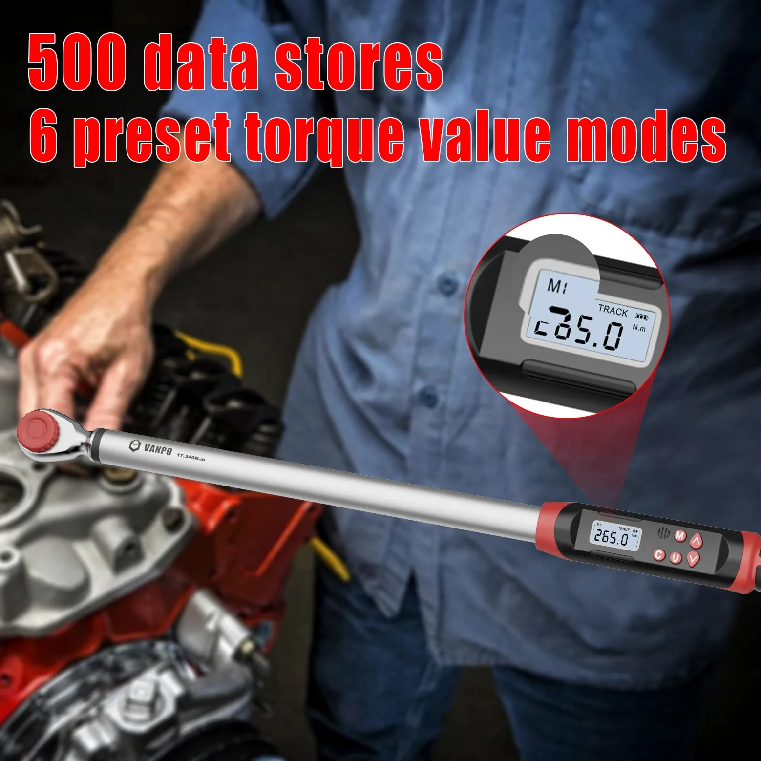 VANPO Llave Dinamométrica Digital 1/2" para Auto & Moto, 17-340Nm Llave Dinamométrica Kit, Precisión de Error ±2% con Memoria Preestablecida, Zumbador e Indicador LED