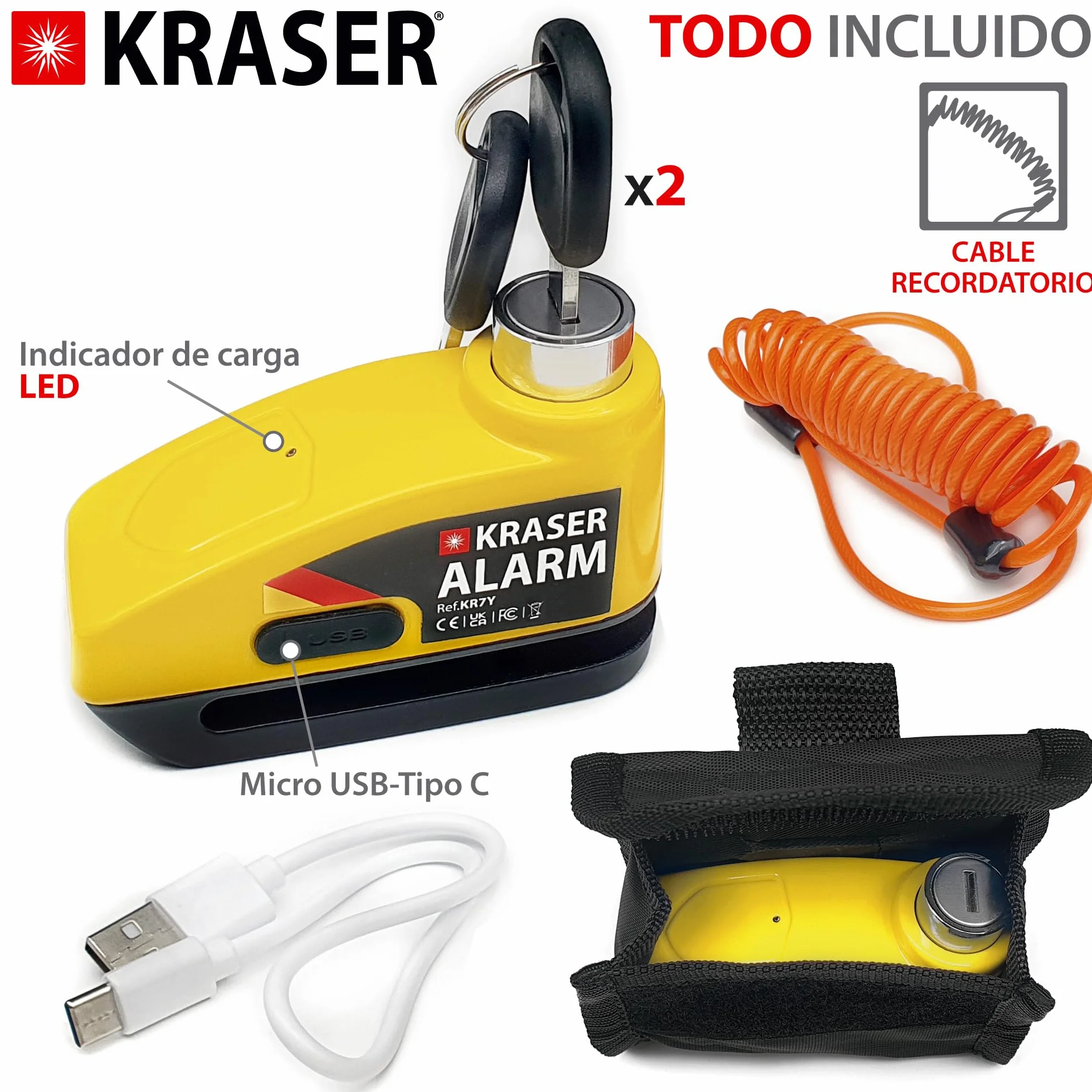 KRASER KR7Y Candado Disco Moto con Alarma 110dB Batería Recargable USB, Sensor de Movimiento, Impermeable Resistente Visible, Antirrobo Cepo Pinza Freno Bloqueo 7mm Universal, Amarillo
