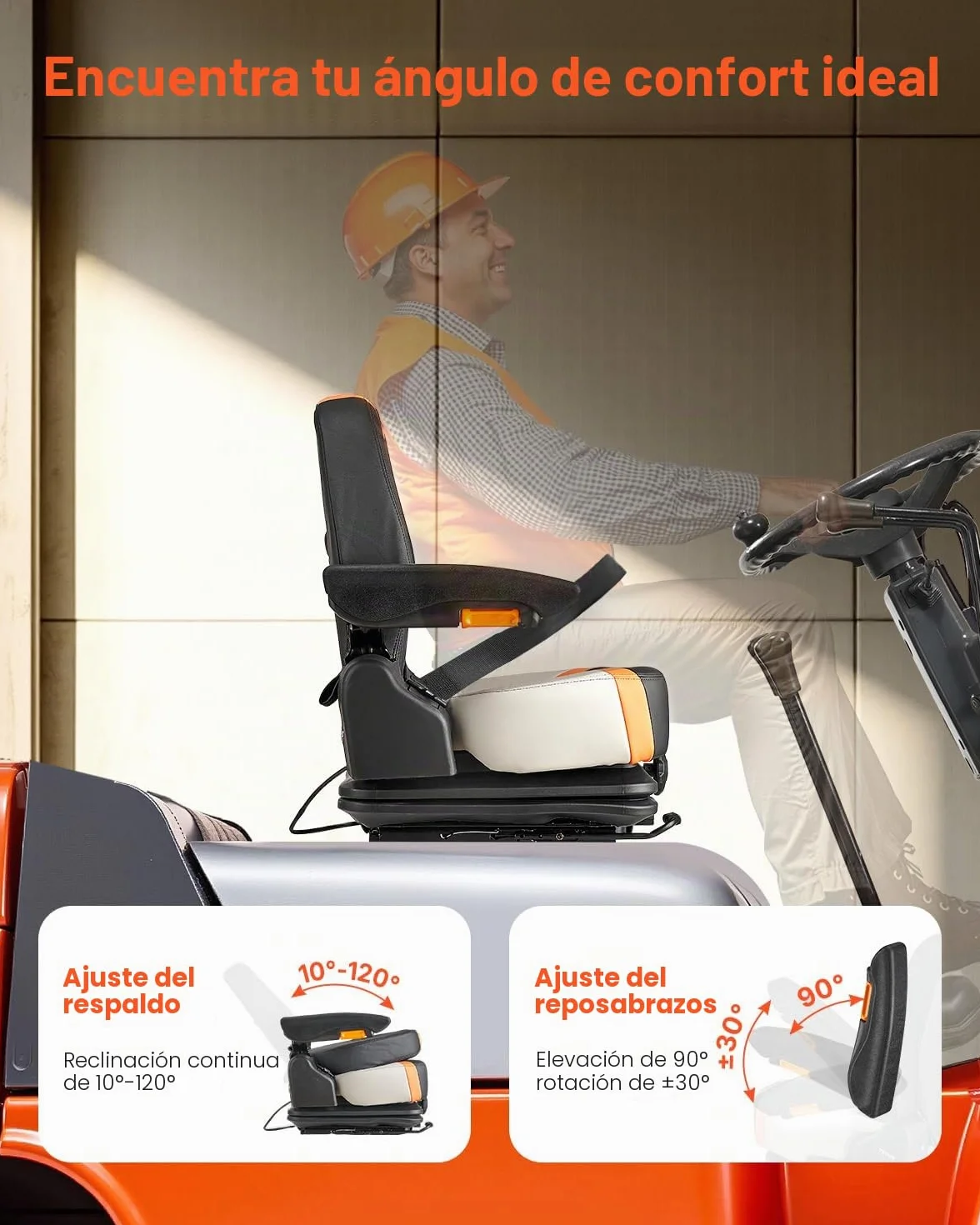 VEVOR Asiento Universal para Carretilla Elevadora 60 x 51 x 64cm, Asiento con Suspensión, Respaldo Ajustable, Reposabrazos y Cinturón de Seguridad, Microinterruptor, para Cortadora de Césped, Tractor