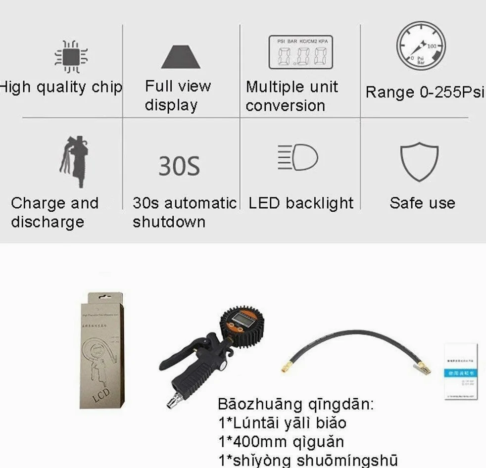 Manómetro Digital de presión de neumáticos, manómetro de Aire portátil de 100 PSI, portabrocas de Aire Resistente y Accesorios de compresor para camión, automóvil, Tubo Interior de Bicicleta