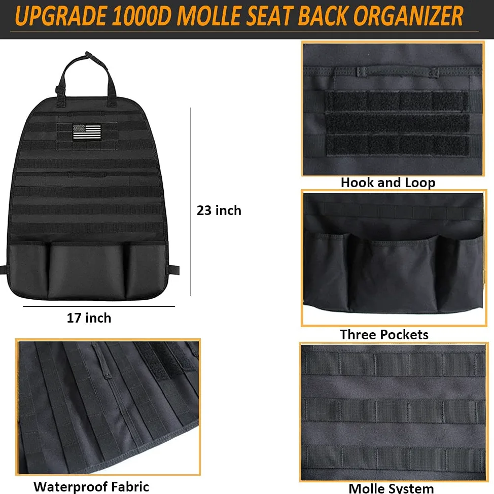 Molle - Organizador de asiento de coche táctico con bolsas Molle para el asiento del coche, protector para asiento de coche, color negro