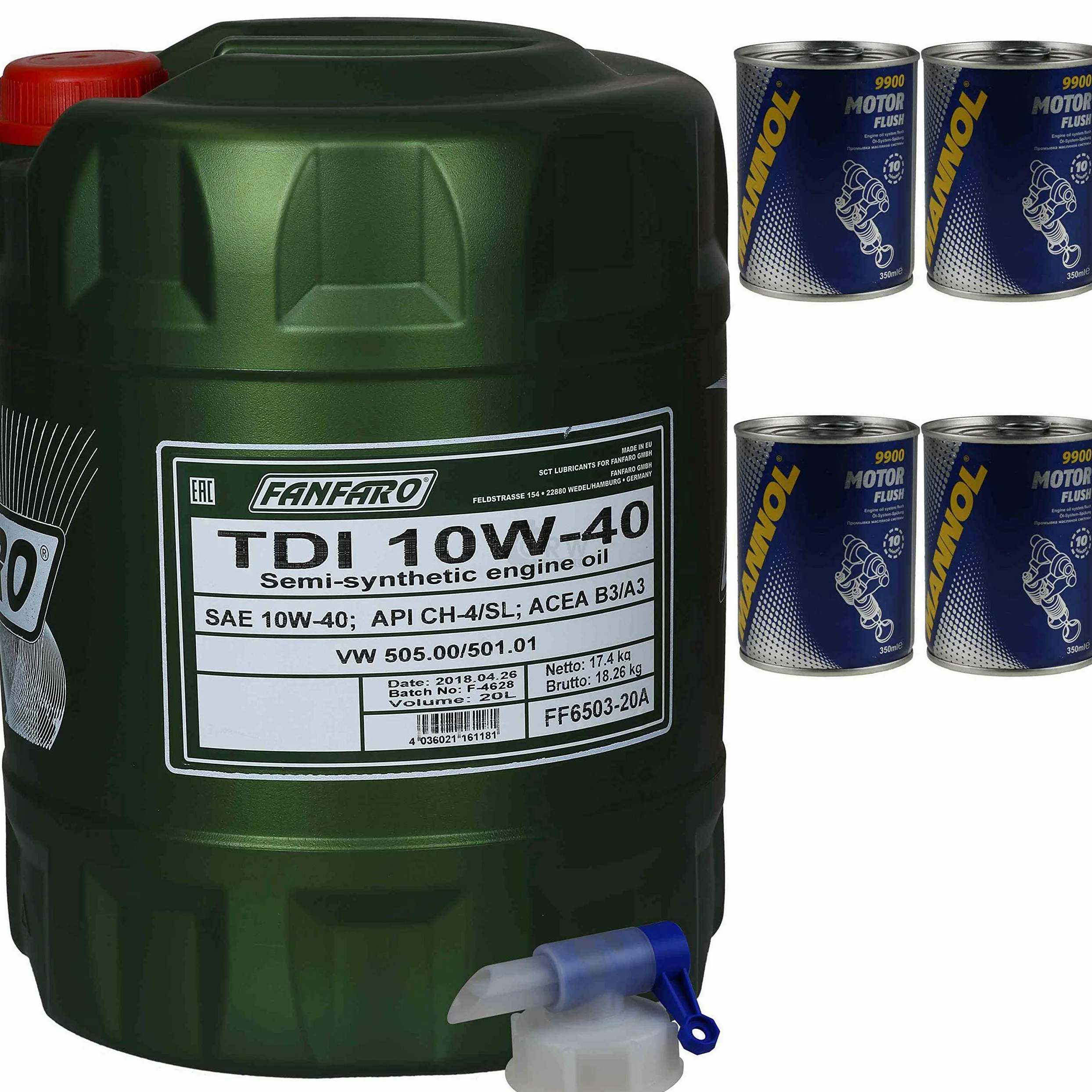 Aceite de motor Fanfaro TDI 10W-40 4 x Mannol motor Flush aditivo 20 l