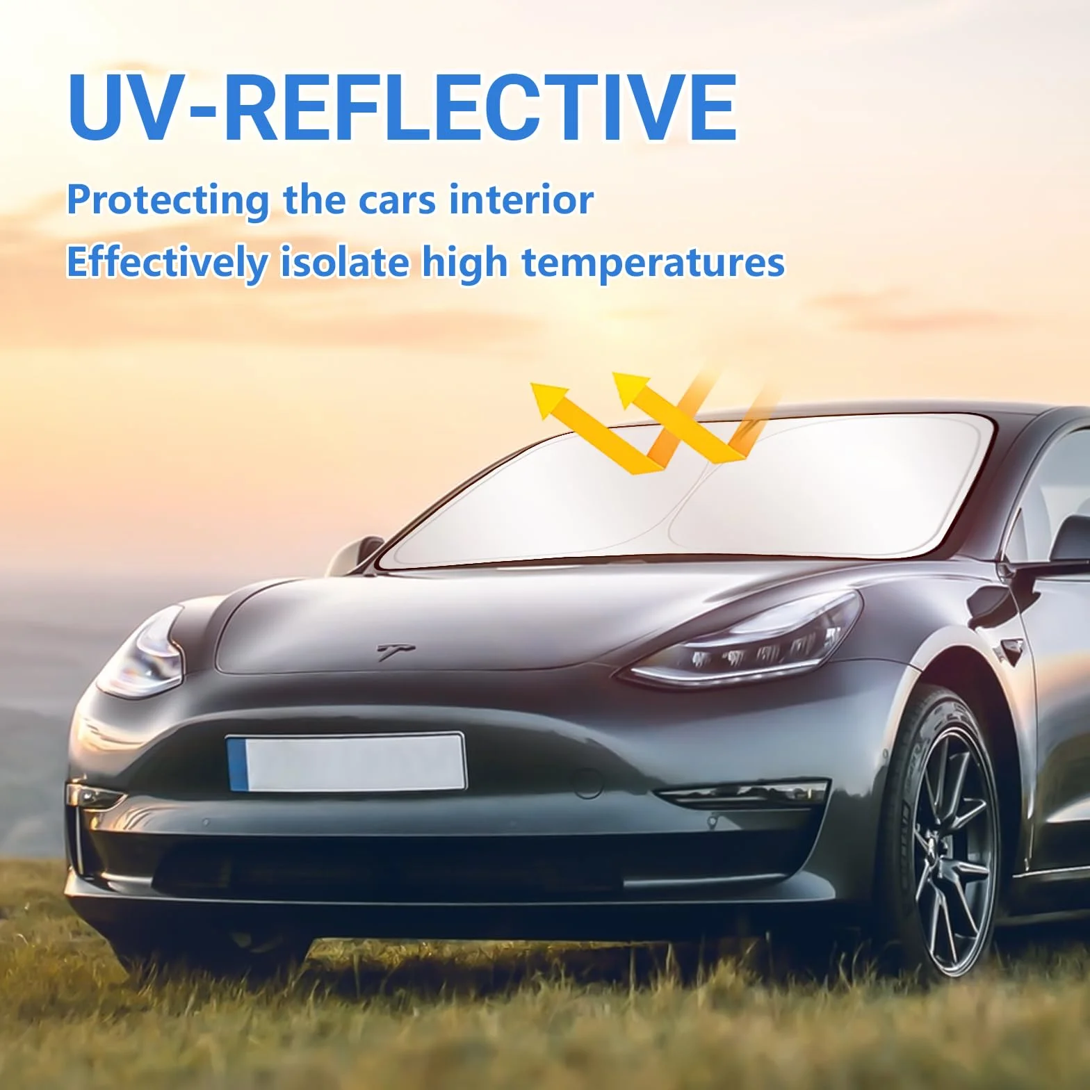 ZATOOTO Parasol Coche Delantero para Tesla Model Y Model 3, Protección Solar para Parabrisas, Cubierta Parabrisas para Bloques de Verano UV, Visera para Coche, Plegable, 132x92 cm