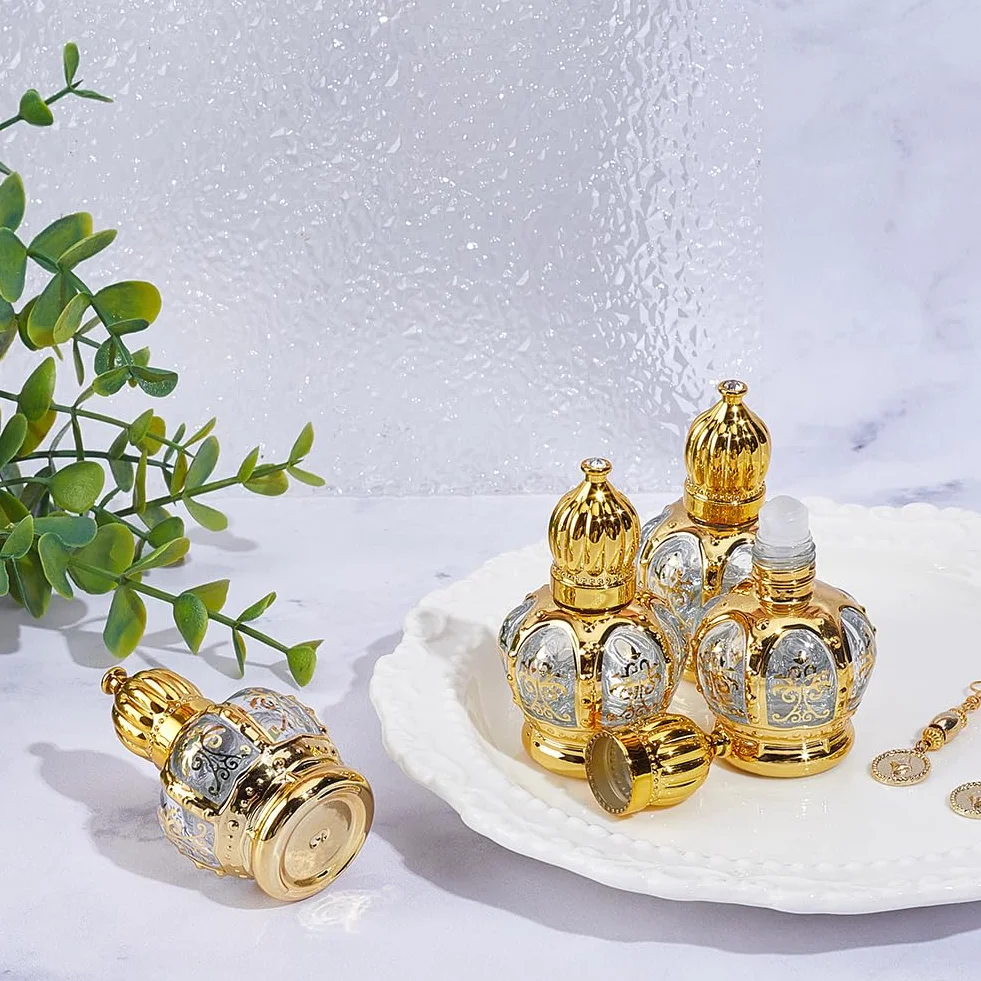 CREATCABIN 4 Unidad Frascos Roll-On 15 ml Perfume Aceite Árabe Vidrio Dorado Vacío Recargable Tapas Viajes