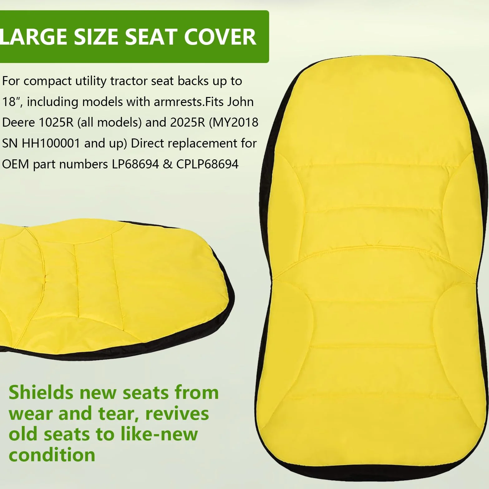 Funda de Asiento para cortacésped Tractor, Tela Oxford 300D, Funda LP68694 Compatible con John Deere Tractor & Gator 1025R 2025R, Resistente a la Intemperie hasta 45 × 12 cm