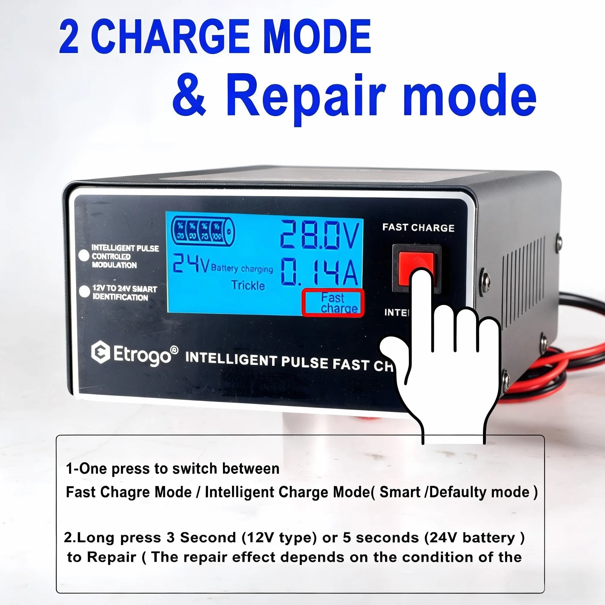Etrogo Cargador Coche 12V 24V 10A 250W de Pulso Inteligente con Función Automática de Detección Reparación Mantenimiento con Pantalla LCD