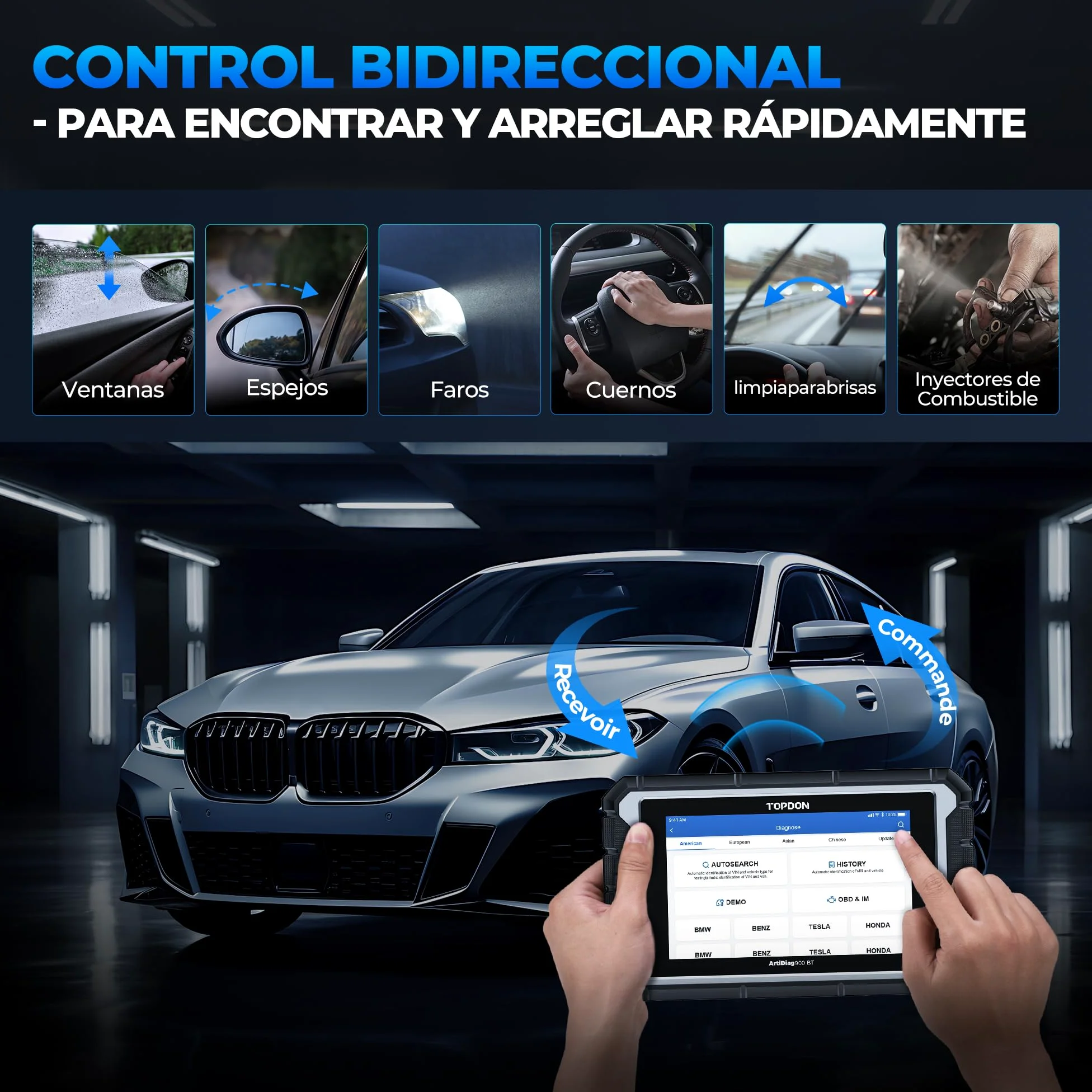 TOPDON OBD2 Diagnosis Coche AD900BT, Codificación ECU, Control Bidireccional, 28+ Servicios, Escáner de Sistema Completo, para Todos los Vehículos con FCA, 2 Años de Actualizaciones Gratuitas