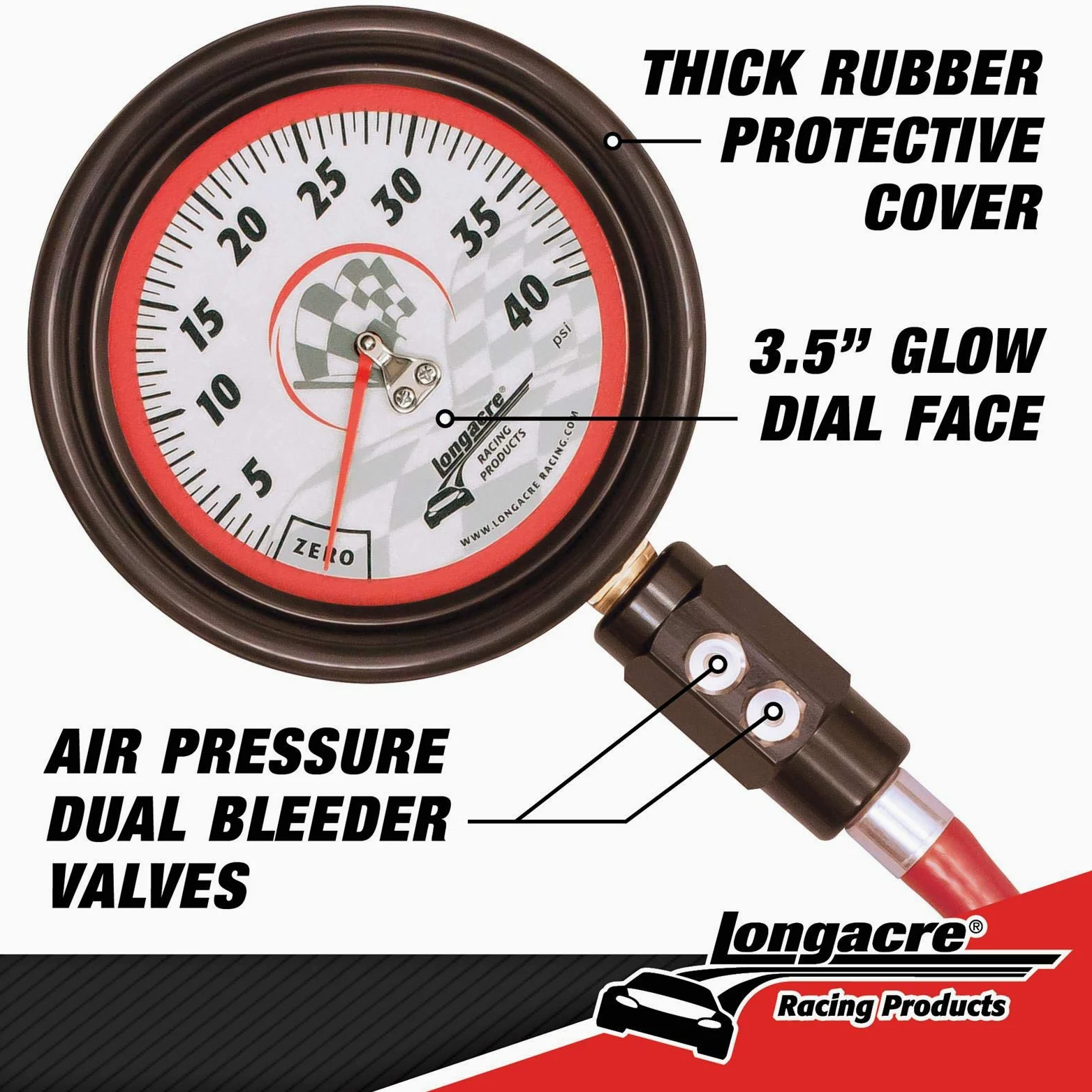 Longacre Racing 52011 Tire Gauge 0-40PSI 3.5in GID Dual Bleed