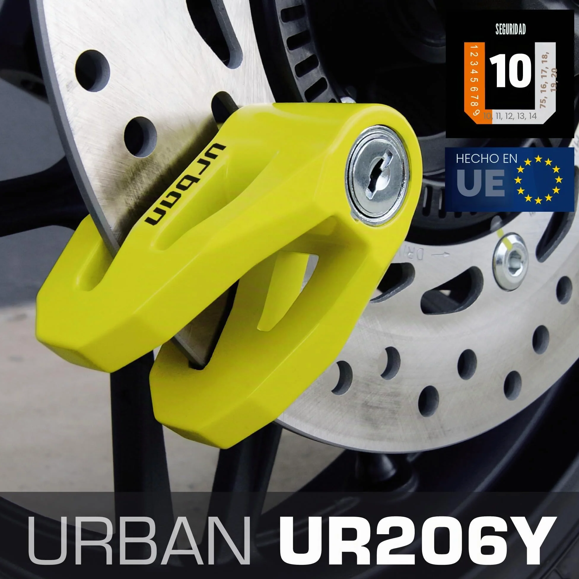 Urban UR206Y Candado Moto Disco, Más Visible Más Disuasorio, ø6mm Diseño Ligero, Seguridad Compacta y Eficaz, Antirrobo Bloqueo Pinza Disco Freno Universal para Moto, Bicicleta, Patinete Electrico