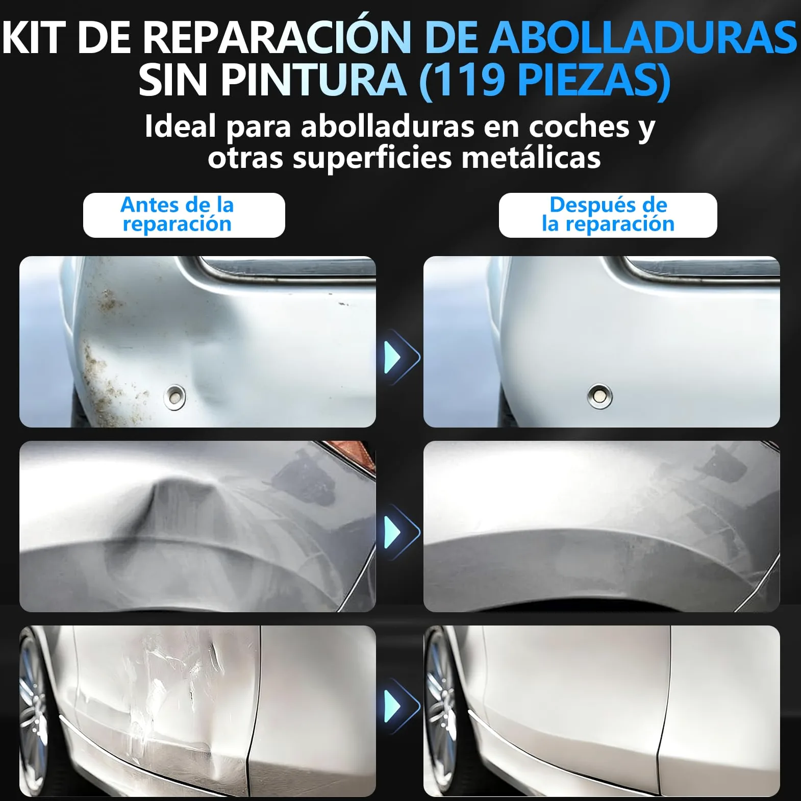 Kit Extractor Abolladuras Coche 119Pcs - Sacabollos Coche Ventosa Kit Sin Pintura Herramienta de Reparación Chapa Kit de Quita Desabollado para Reparación Daños Granizo Automóviles