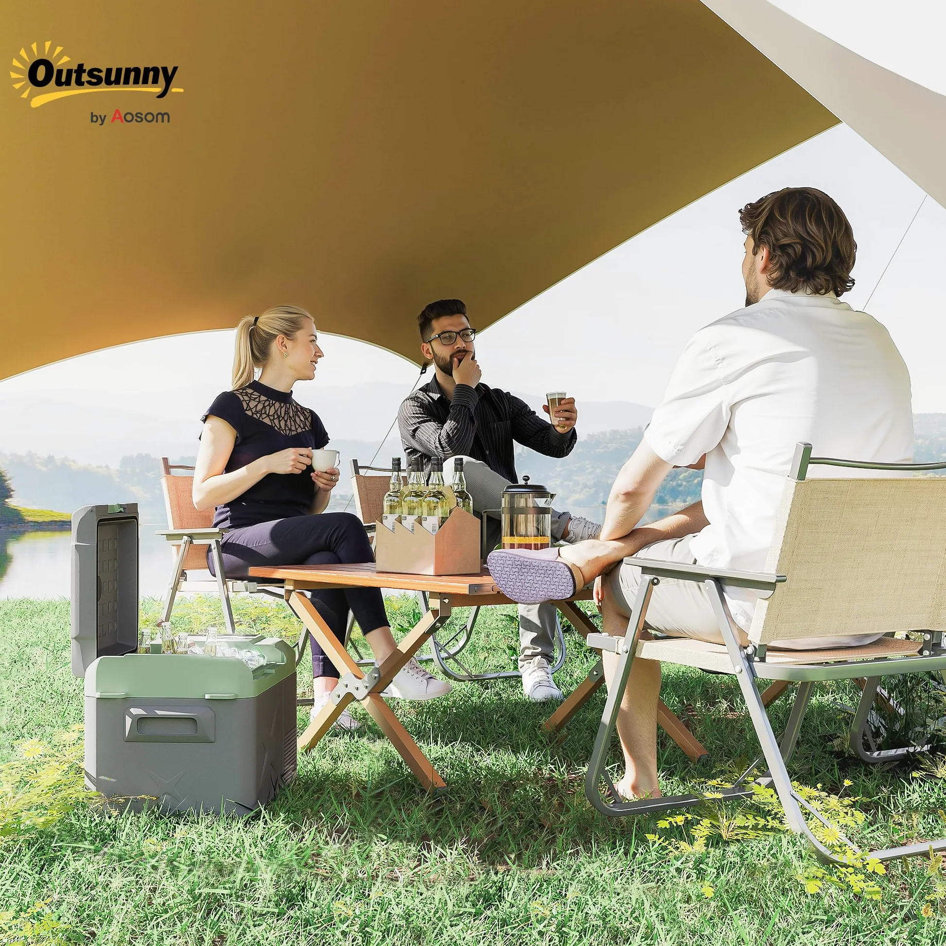 Outsunny Nevera Portátil Eléctrica 17,4L Refrigerador de Coche 12/24/220V con Compresor Luz LED Pantalla Digital Modos ECO y MAX de -20℃ a +20 ℃ Puerto USB para Hogar Camping Viajes Automóvil