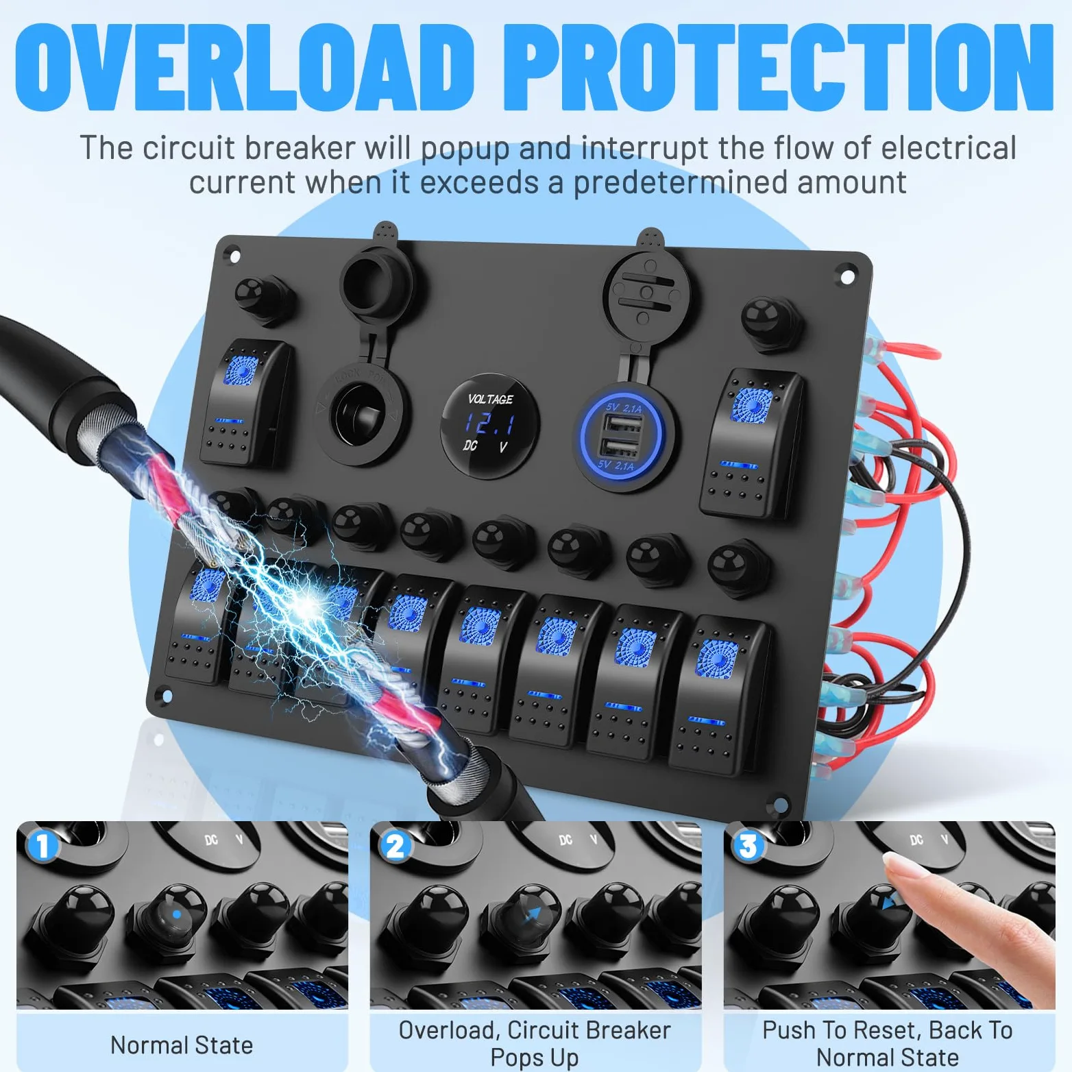 Geloo Panel de Interruptores 10Gang Impermeable Interruptor de Palanca 12V | con Interruptor Basculante, Disyuntor, Voltímetro, Toma de Encendedor, Cargador USB Doble para Barco Camper Coches Caravana