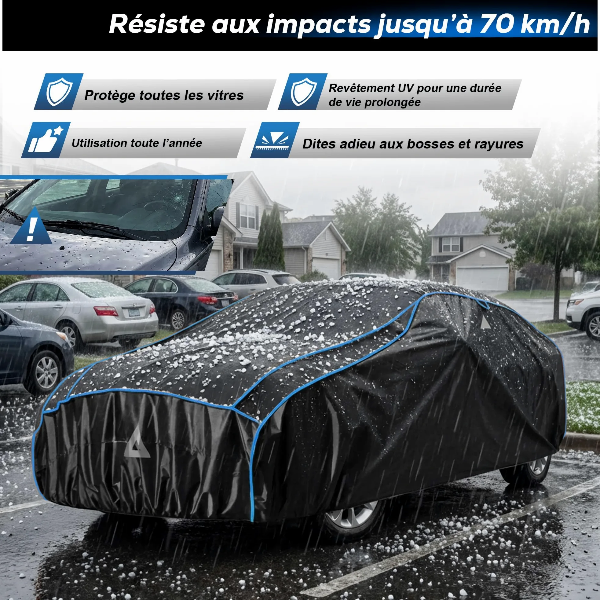 Funda Anti-Granizo para Coche - Protector de EVA Reforzado, Impermeable, Protección Solar UV, Antiviento, Incluye Visera Parasol Independiente, Apta para Sedanes y Turismos (430-460 cm)