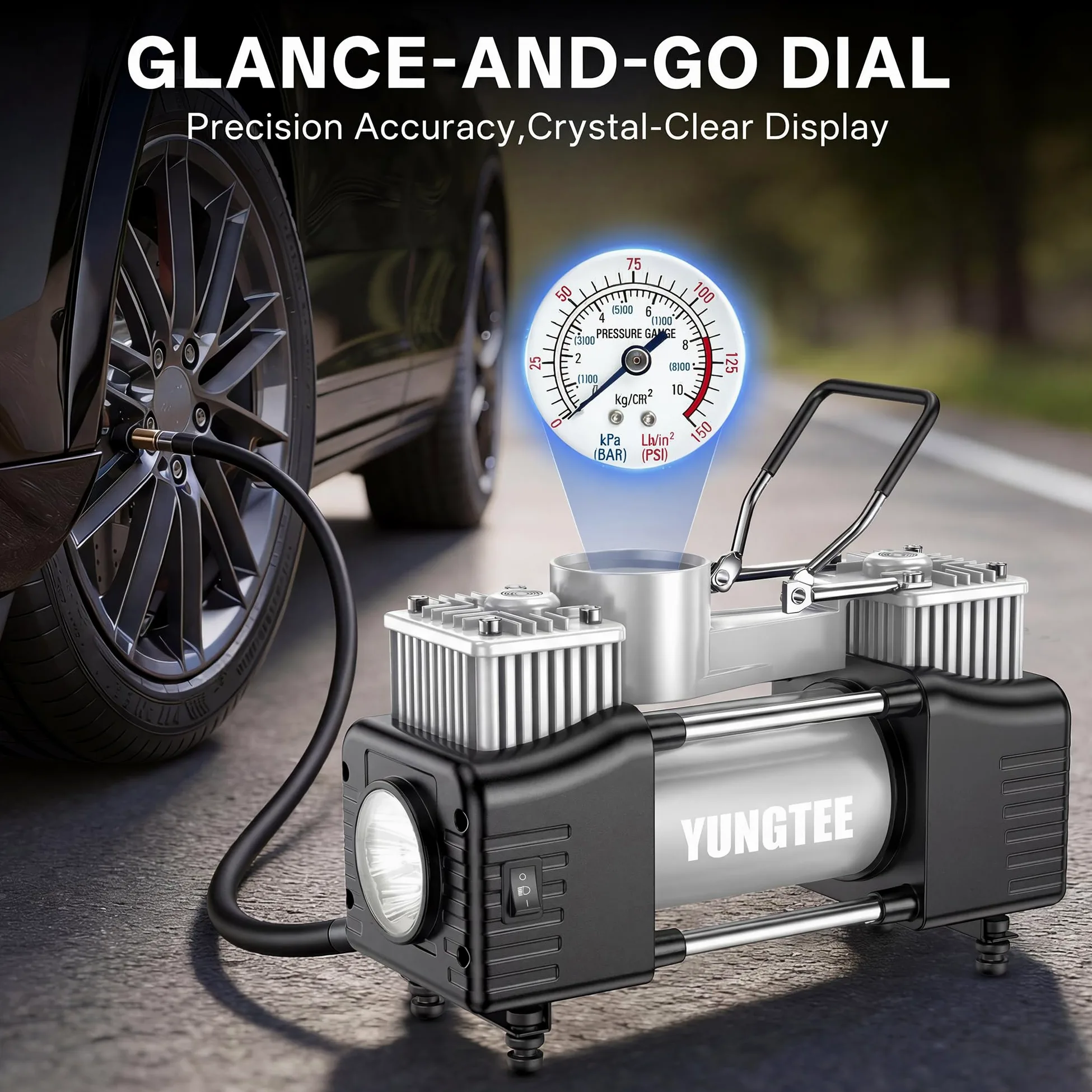 YUNGTEE Inflador de neumáticos portátil, compresor de aire de doble cilindro de 12 V 150 PSI | Luz de emergencia LED, manguera de extensión de 11 pies para coches, SUV, caravanas e inflables, color plateado