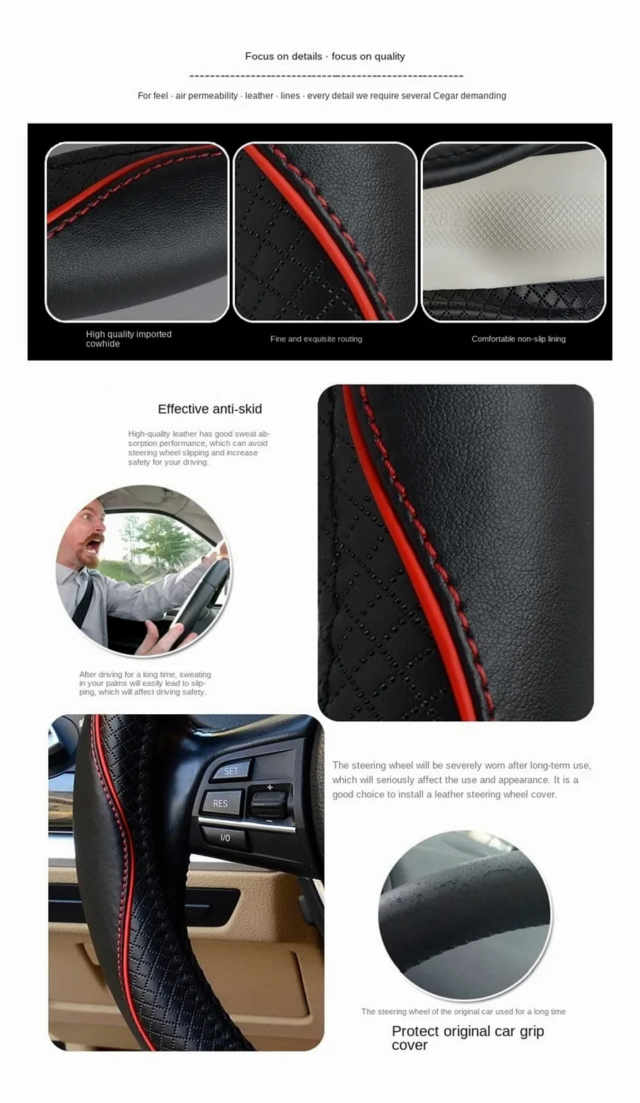 Funda Volante Funda Volante Cuero En Relieve para Accesorios Interior Automóvil Funda Protección Mango Universal Cuero Genuino 38CM Cubierta Volante (Color : Black Light Cffee)