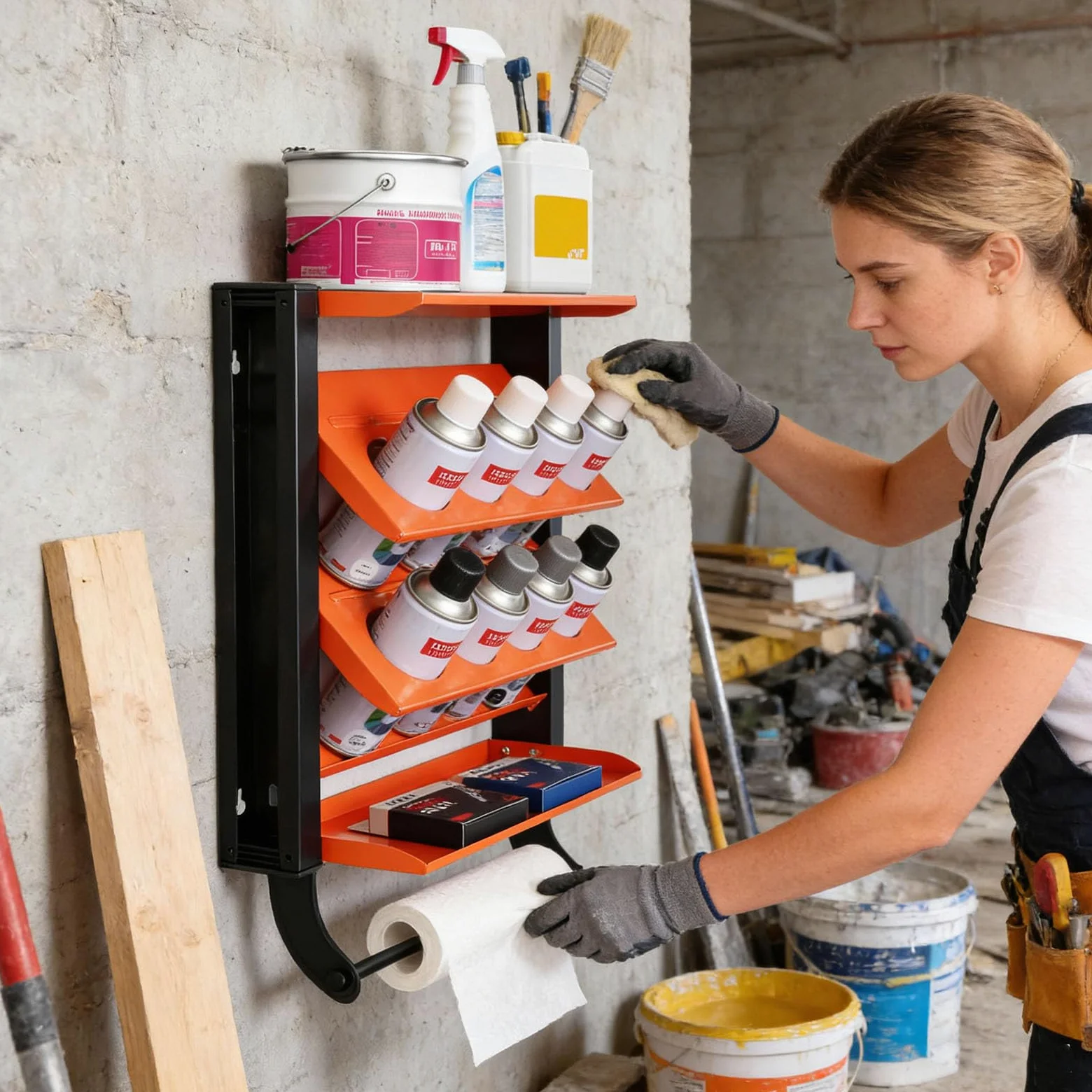 Organizador de pared para botellas de pintura, 8 soportes para latas, 2 estantes, barra de toalla para almacenamiento, fácil instalación