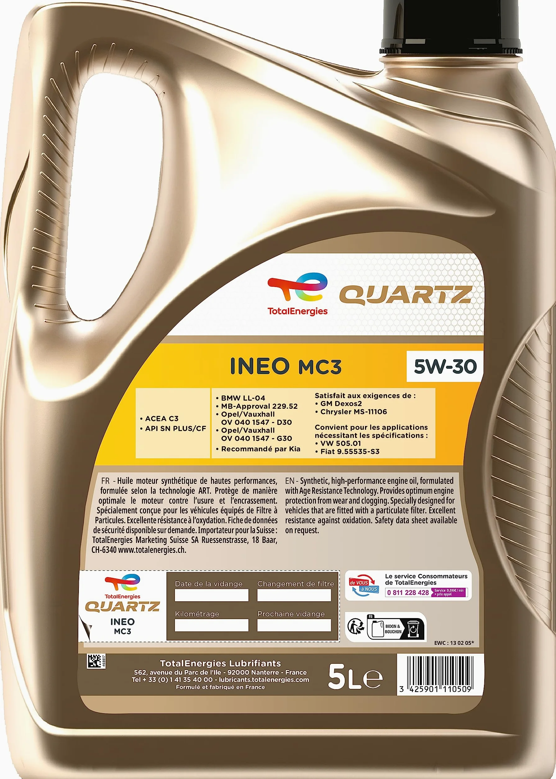 TOTALENERGIES HUILE MOTEUR 5L Quartz INEO MC3 5W30