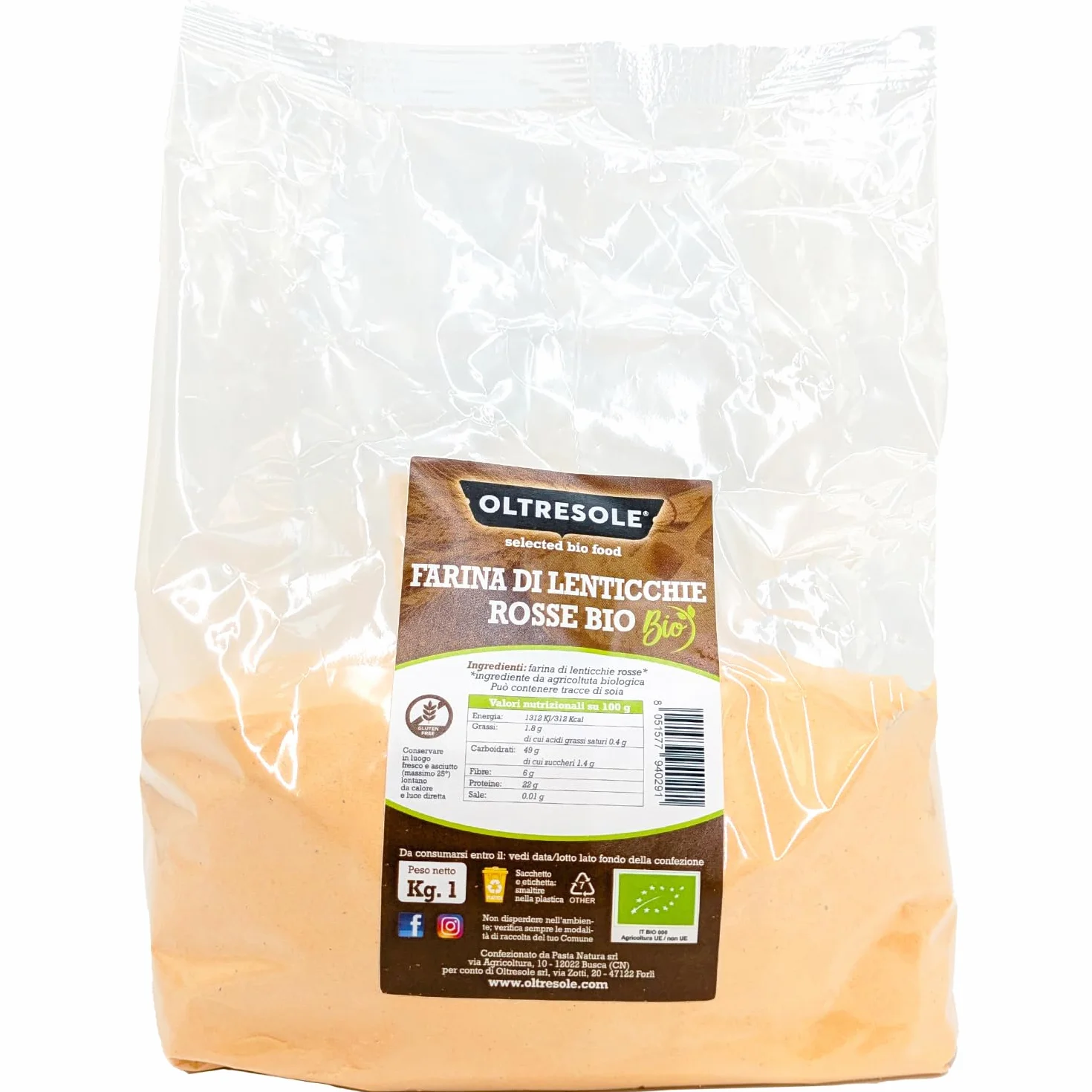 Oltresole Farina Italiana di Lenticchie Rosse Biologica 1 kg, Senza Glutine, Ricca di Proteine