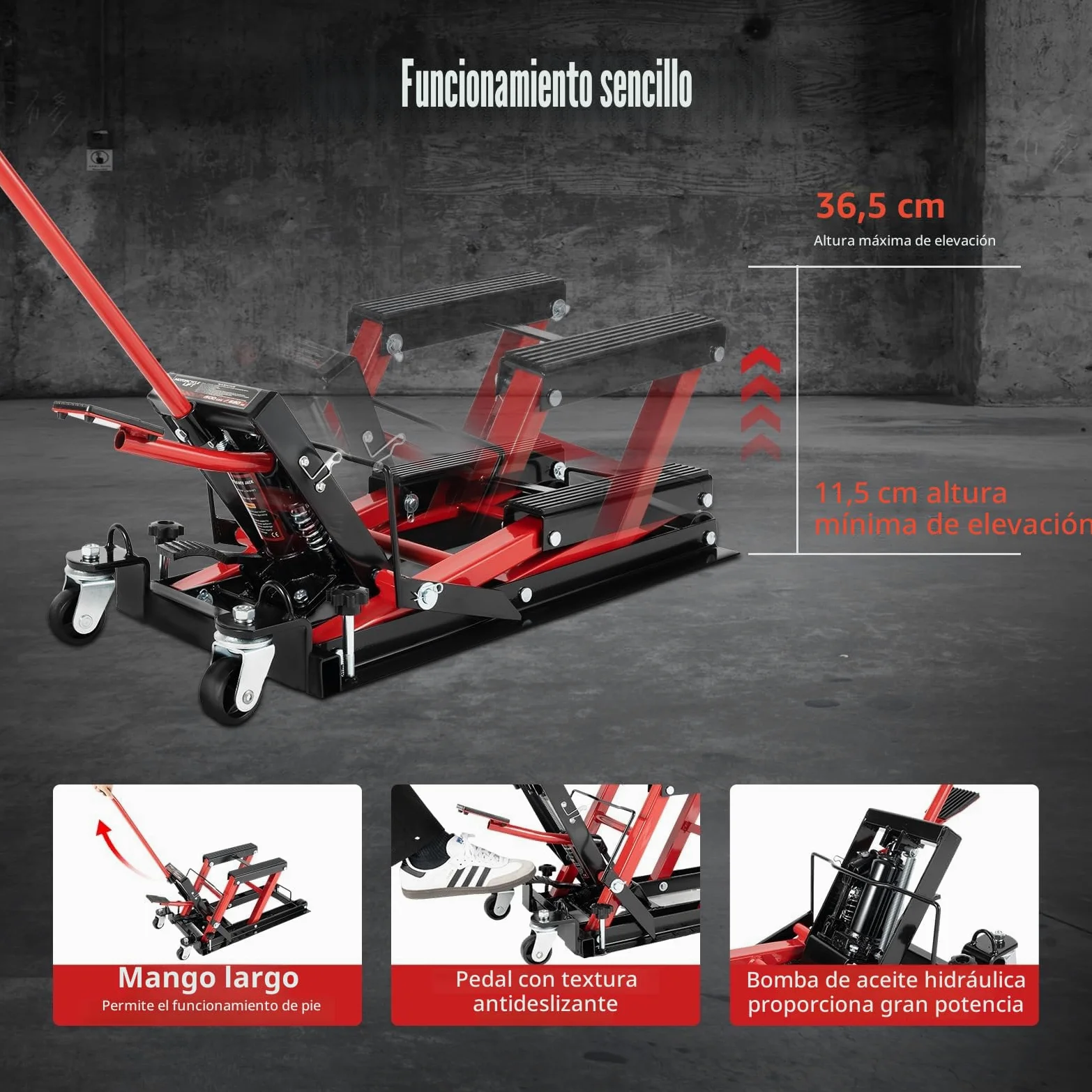Plataforma elevadora hidráulica para motocicleta, capacidad de carga de 680 kg y ajuste de altura 115-365 mm, con pasadores de seguridad y ruedas, para reparación y mantenimiento de vehículos todo