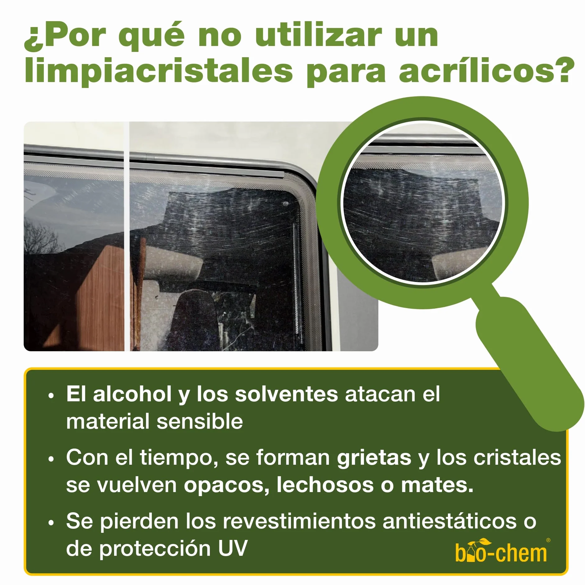 Bio-Chem - Limpiacristales acrílico y plexiglás 750 ml - Limpiacristales para caravanas, autocaravanas y automóviles - Spray líquido limpiacristales para automóviles