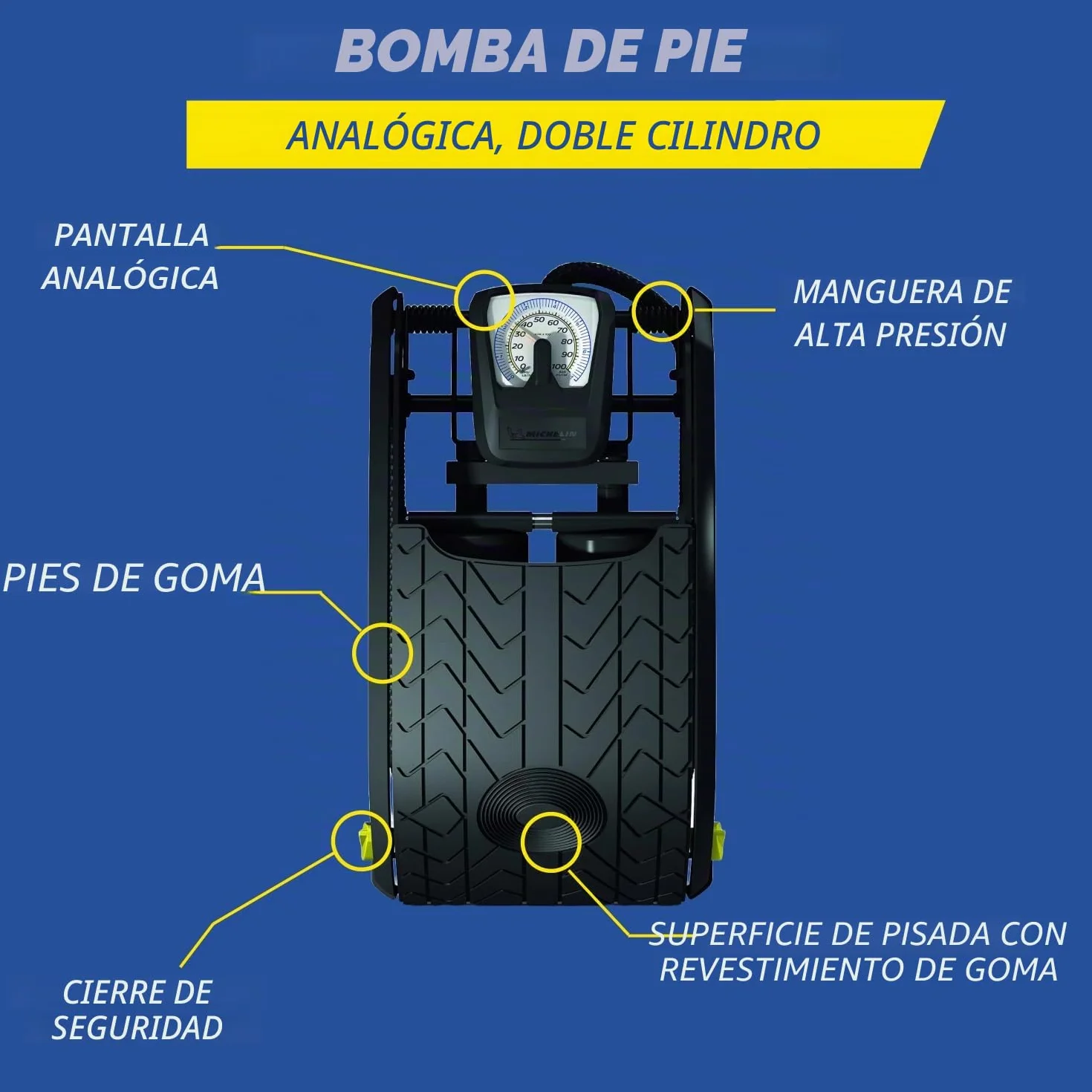 Michelin Bomba de Aire analógica de Doble Cilindro, Color Negro