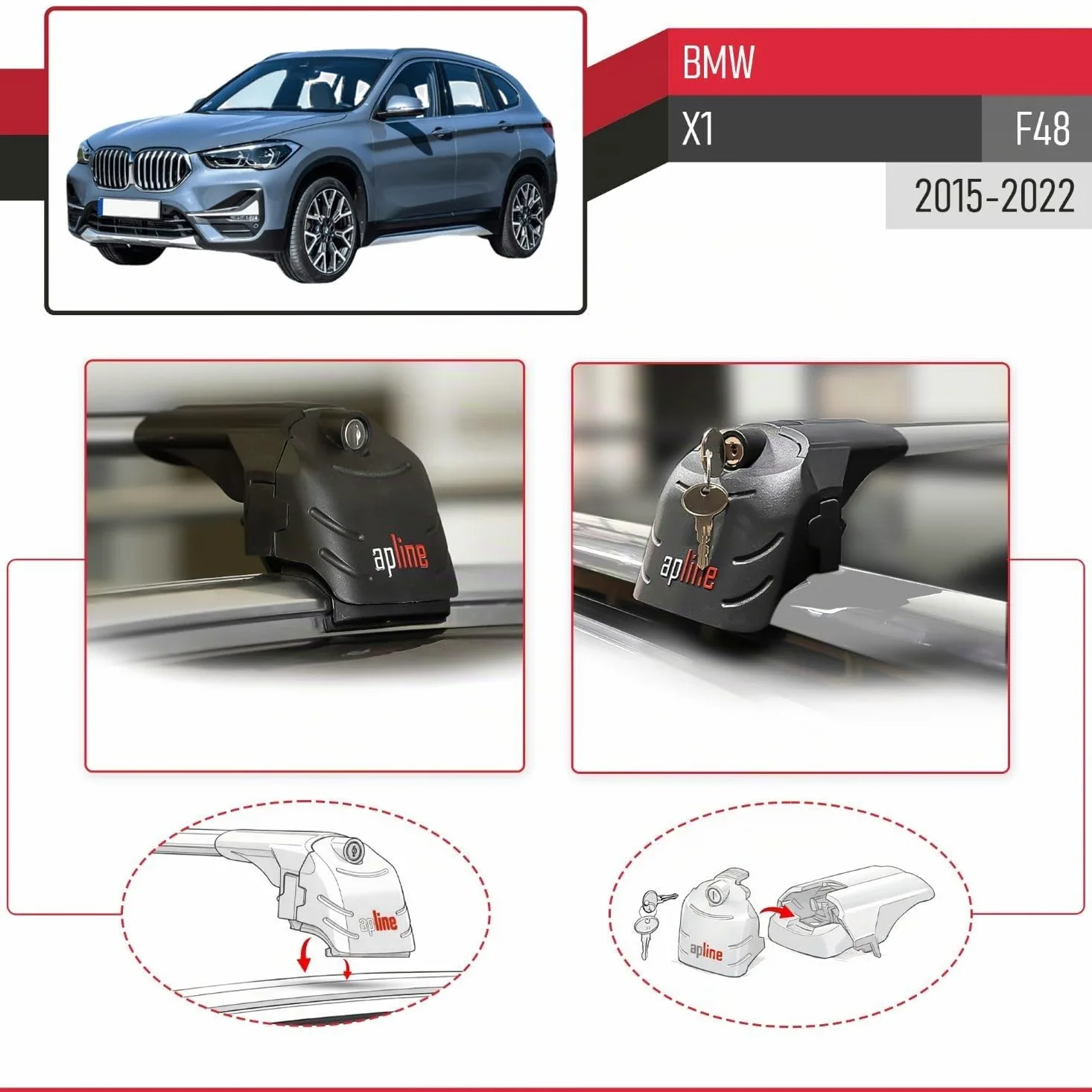 Compatible con BMW X1 (F48) 2016-2022 ACE-2 Barras de Techo Auto Portaequipajes Barras Transversales Gris Aluminio 2 Barras