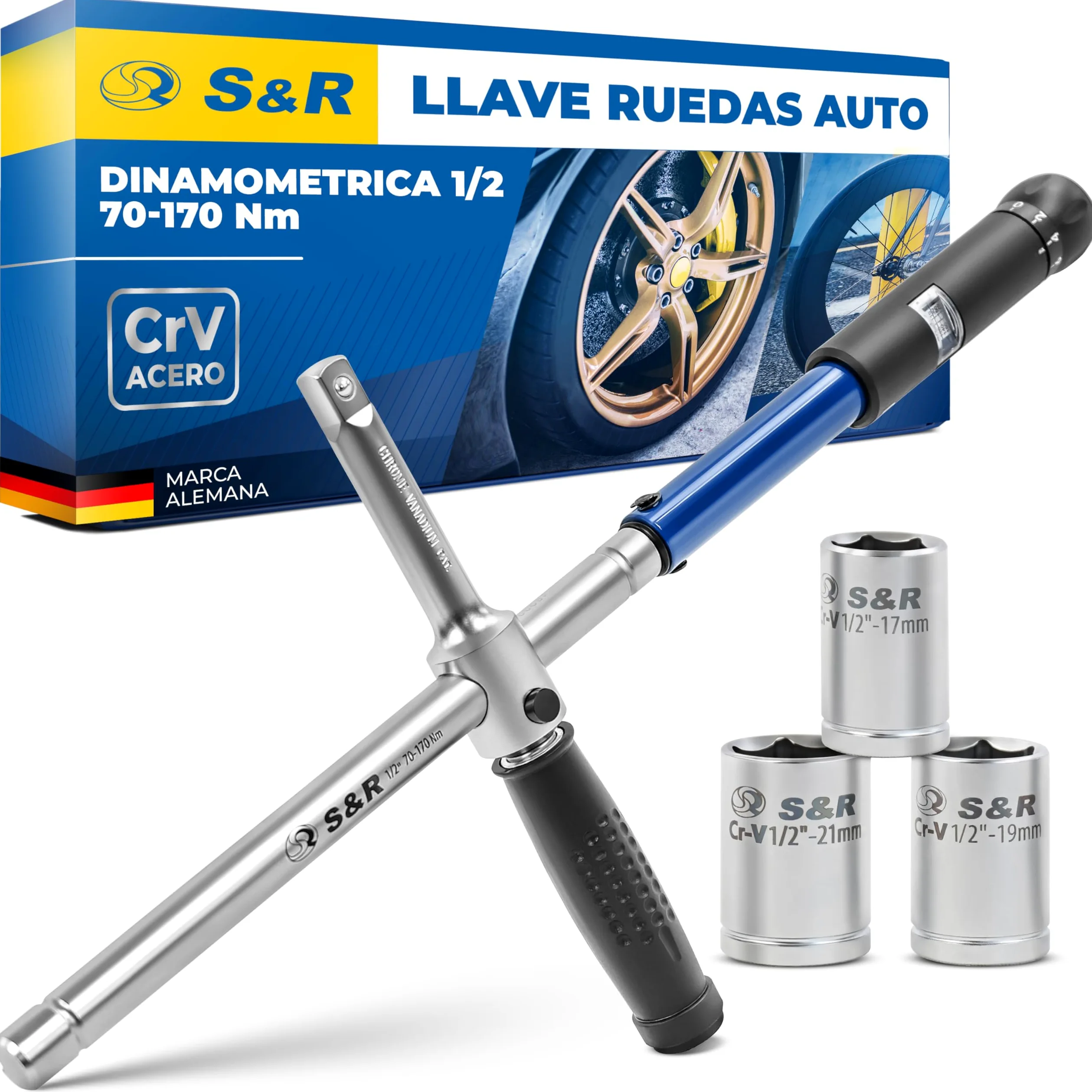 S&R Llave Dinamométrica 1/2 (70-170 Nm) Llaves Ruedas Auto Cruzada de 23.5 cm para Coches. Llave cruzada con 3 zócalos de 17, 19, 21 mm en acero CR-V en Caja Sólida