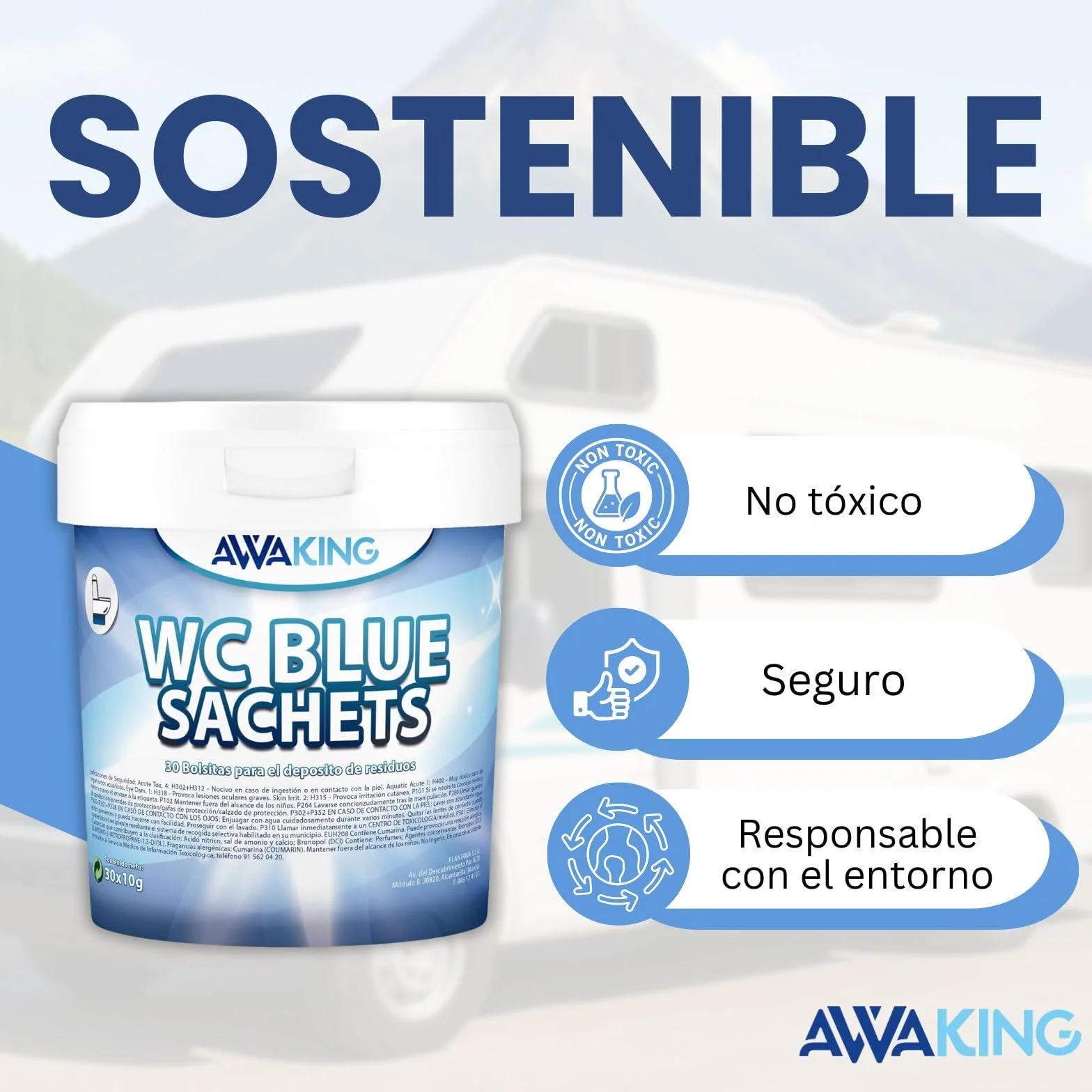 AWAKING Pastillas WC Quimico Autocaravana Blue Sachets 30ud | Limpia y Desodoriza. Fórmula Concentrada y Aroma Fresco Depósito Aguas Negras de Caravana, Limpieza profunda, Camper, Descompone Residuos.