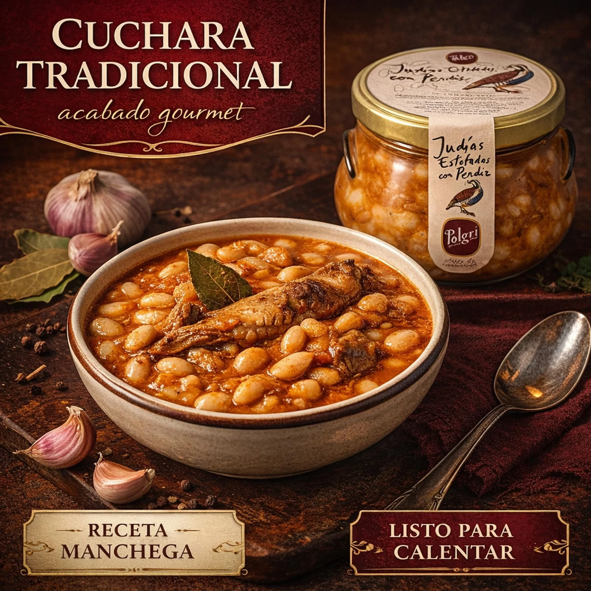 POLGRI Judias Estofadas con Perdiz Gourmet AOVE 640 ml Tarro de Cristal Comida Preparada