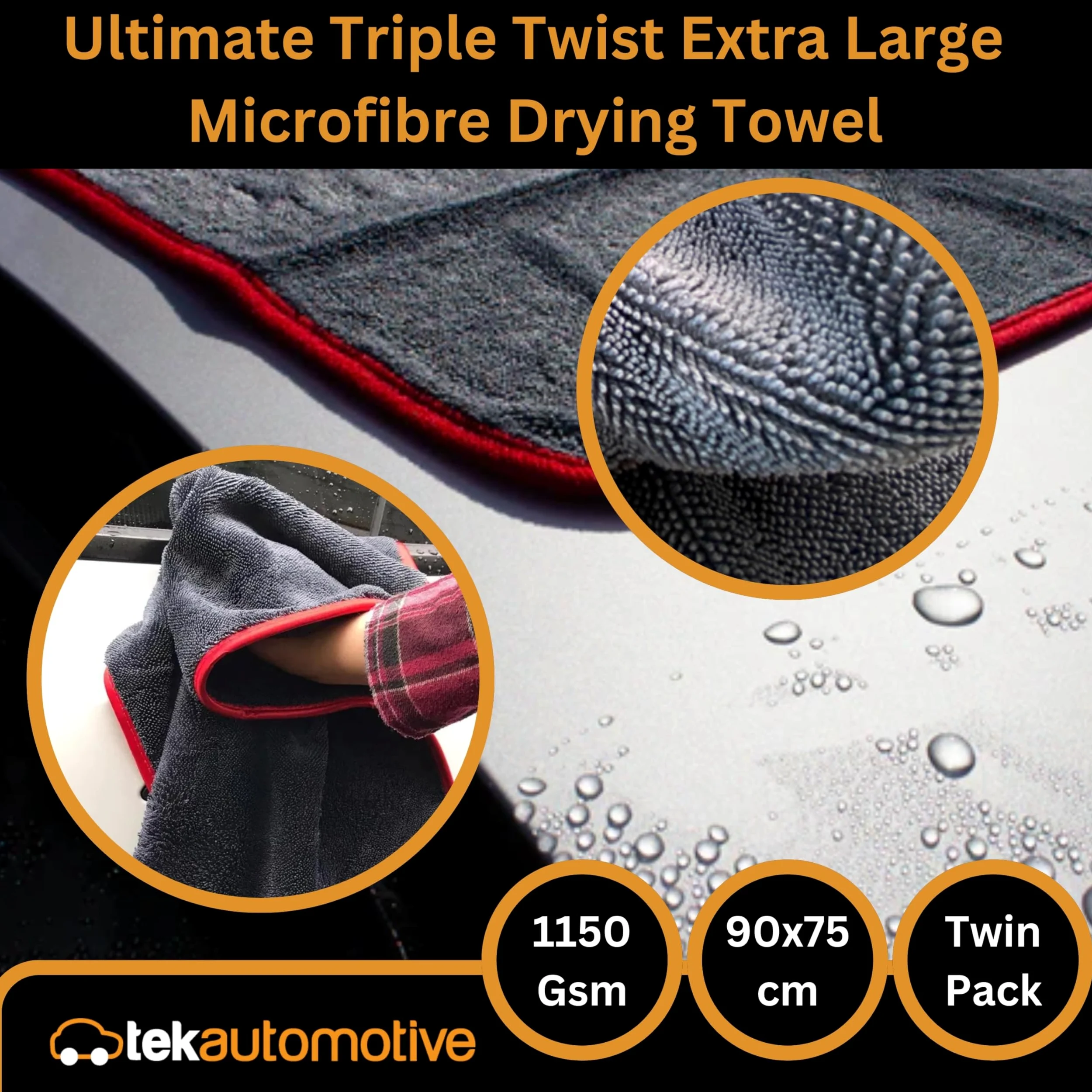 Tek Automotive Paquete de 2 toallas de secado de microfibra de triple torsión, ultra absorbentes, sin arañazos, extra grandes, 90 x 75 cm, toalla de secado de coche para limpieza, detalles y pulido