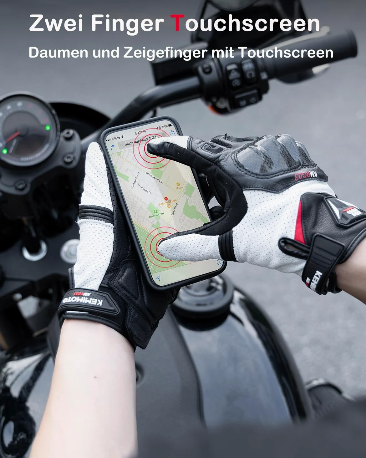 KEMIMOTO Guantes Moto Hombre, Piel de Cabra Dedos Completos con Almohadillas Antideslizantes, Pantalla Táctil y Protección para Motocross, Scooter