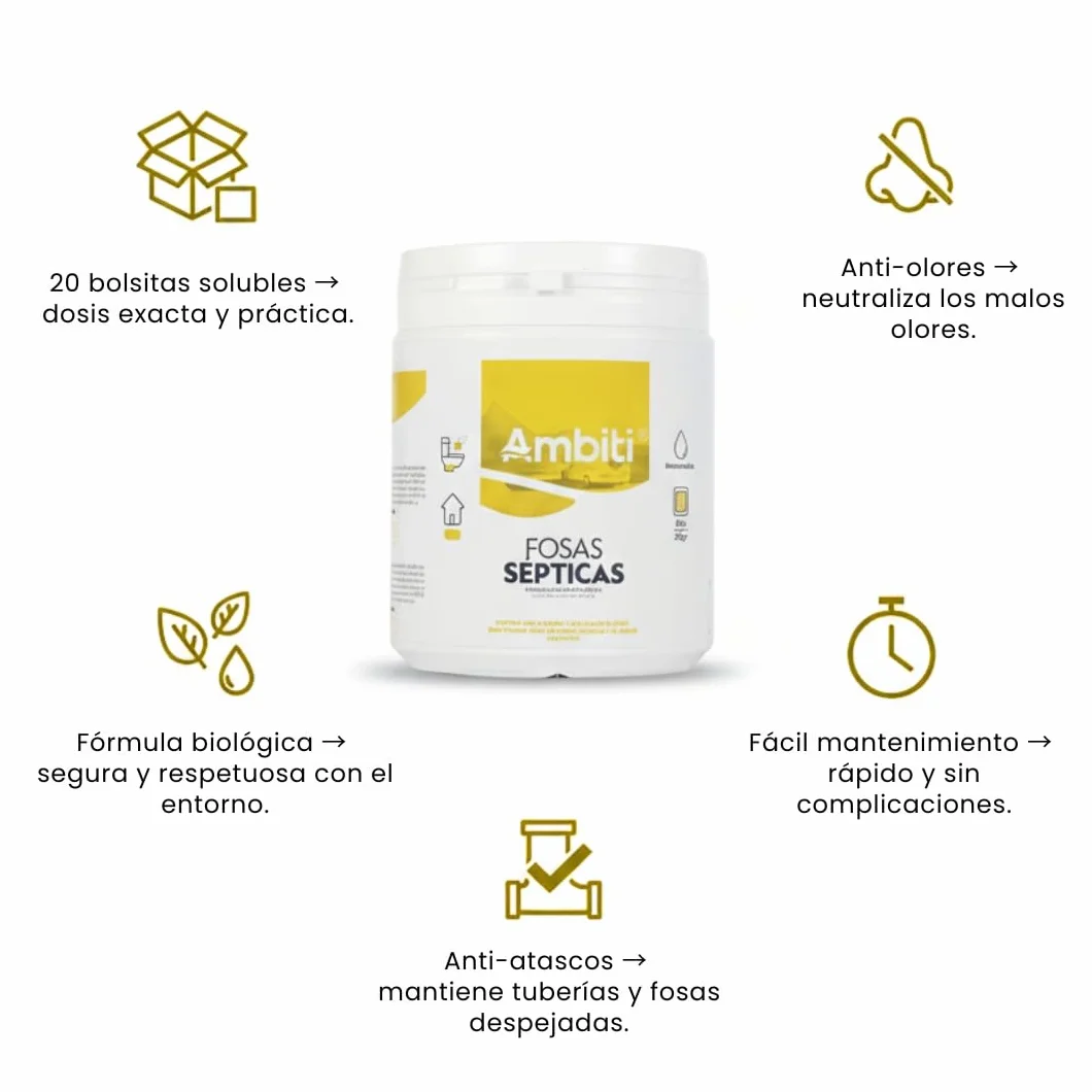 Ambiti Fosas Sépticas | Activador Enzimático Biológico en Monodosis | 20 Bolsitas Solubles de 20 g | Limpieza y Mantenimiento de Fosas y Desagües | Elimina Malos Olores y Evita Atascos