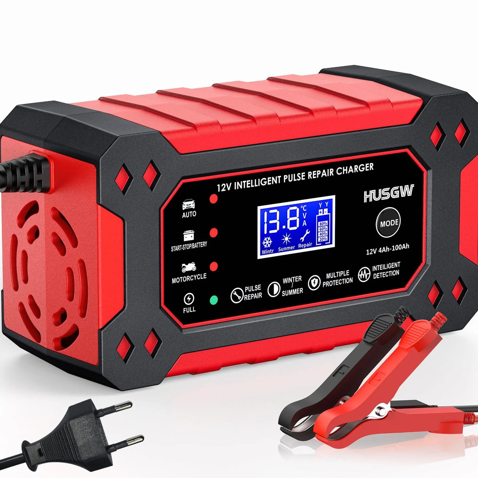 12V6A Cargador de Batería de Coche,Cargador de Batería Inteligente con Pantalla LCD, Múltiples Funciones de Protección,paraAutomóviles,Moto,Camión,AGM,Gel,SLA (2Ah-100Ah)