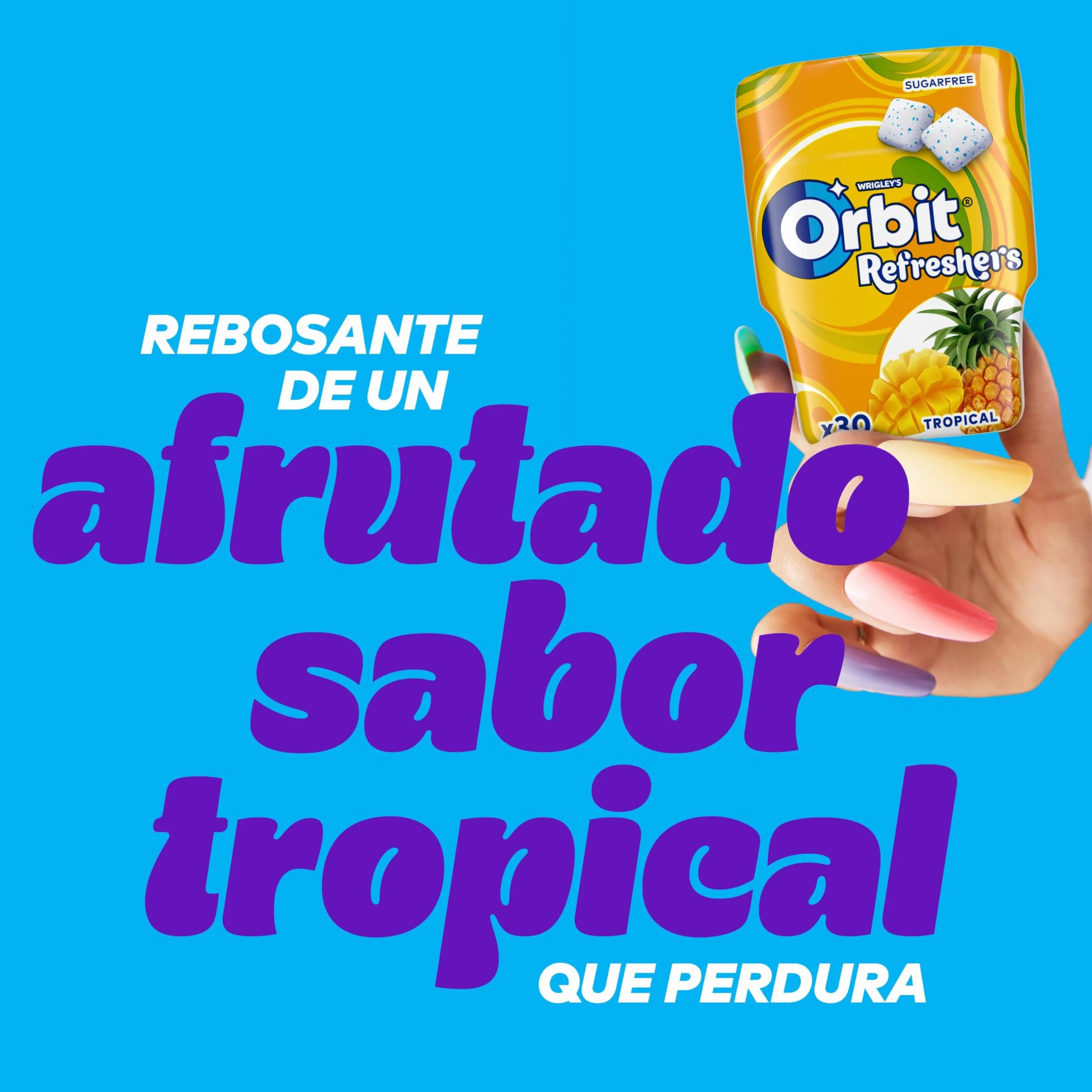 Orbit Bote de Chicles Sin Azúcar Sabor Tropical, Afrutado, Intenso y de Larga Duración (6 x 30 chicles)