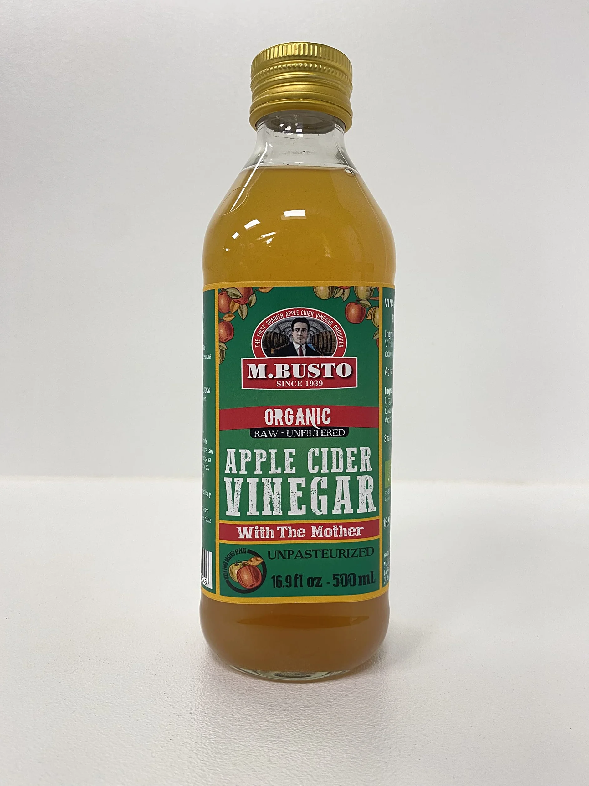 Vinagre de Sidra de Manzana Ecológico con la Madre, Sin Pasteurizar, Sin Filtrar, Sin Gluten, Vegano, Pack 6 x 500 ml