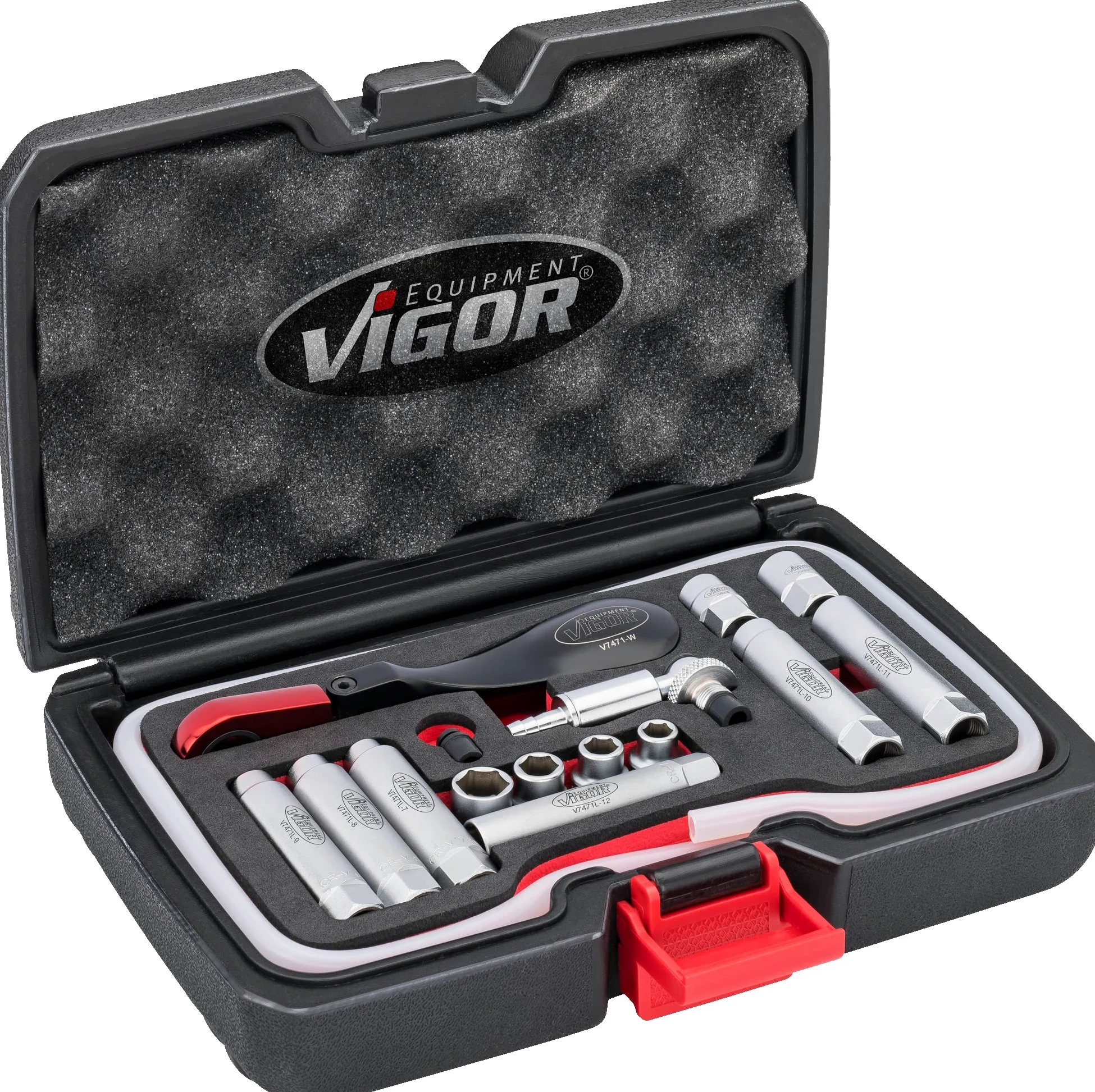 VIGOR Juego completo de purga de frenos V7471/17, 17 piezas, 7-12 mm | 1440 g, 17 piezas, 7 – 12 mm, uso cómodo gracias al trinquete especial ergonómico