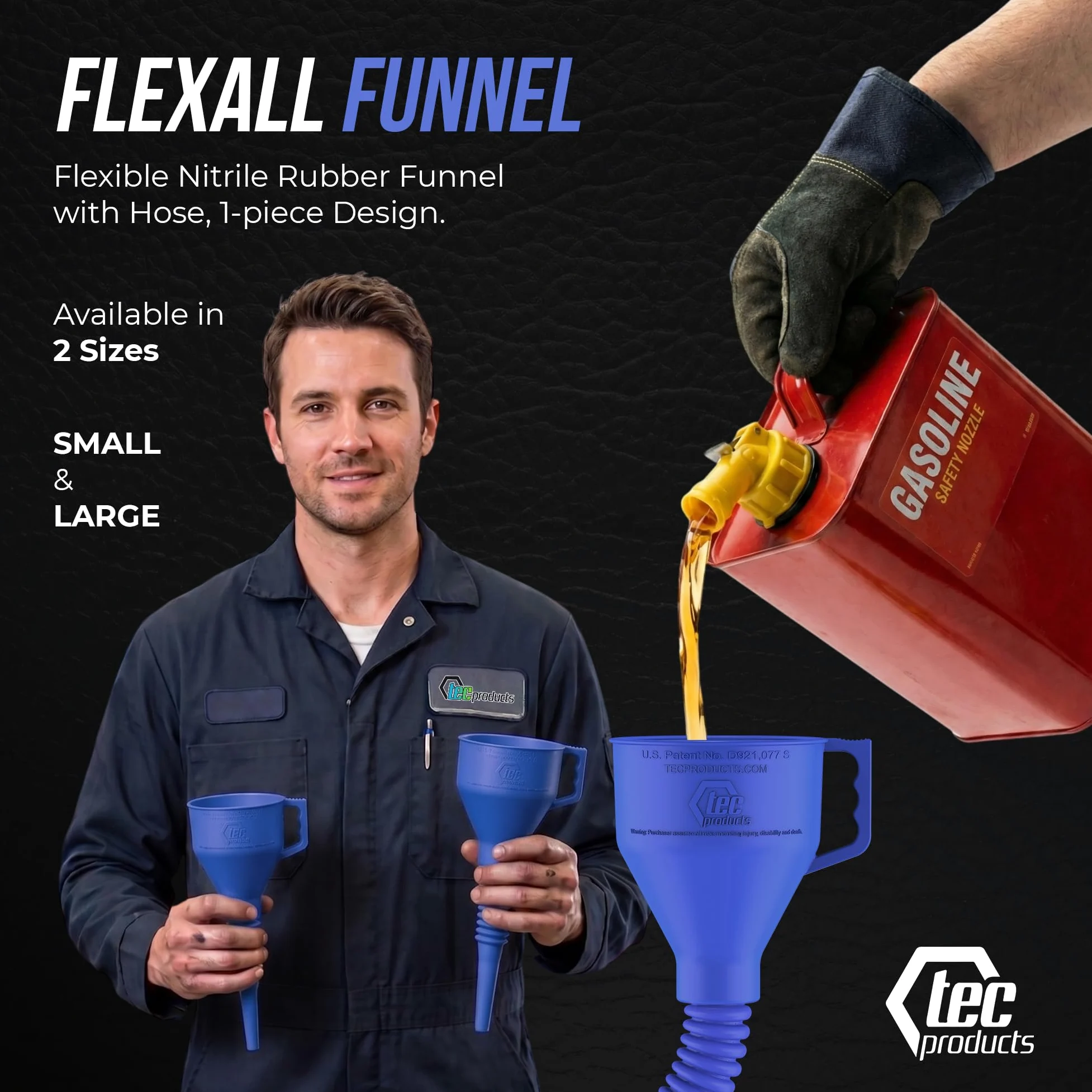 TEC Products FlexAll - Embudo de goma flexible con asa, varios tamaños y colores, fabricado en los Estados Unidos (pequeño, azul)