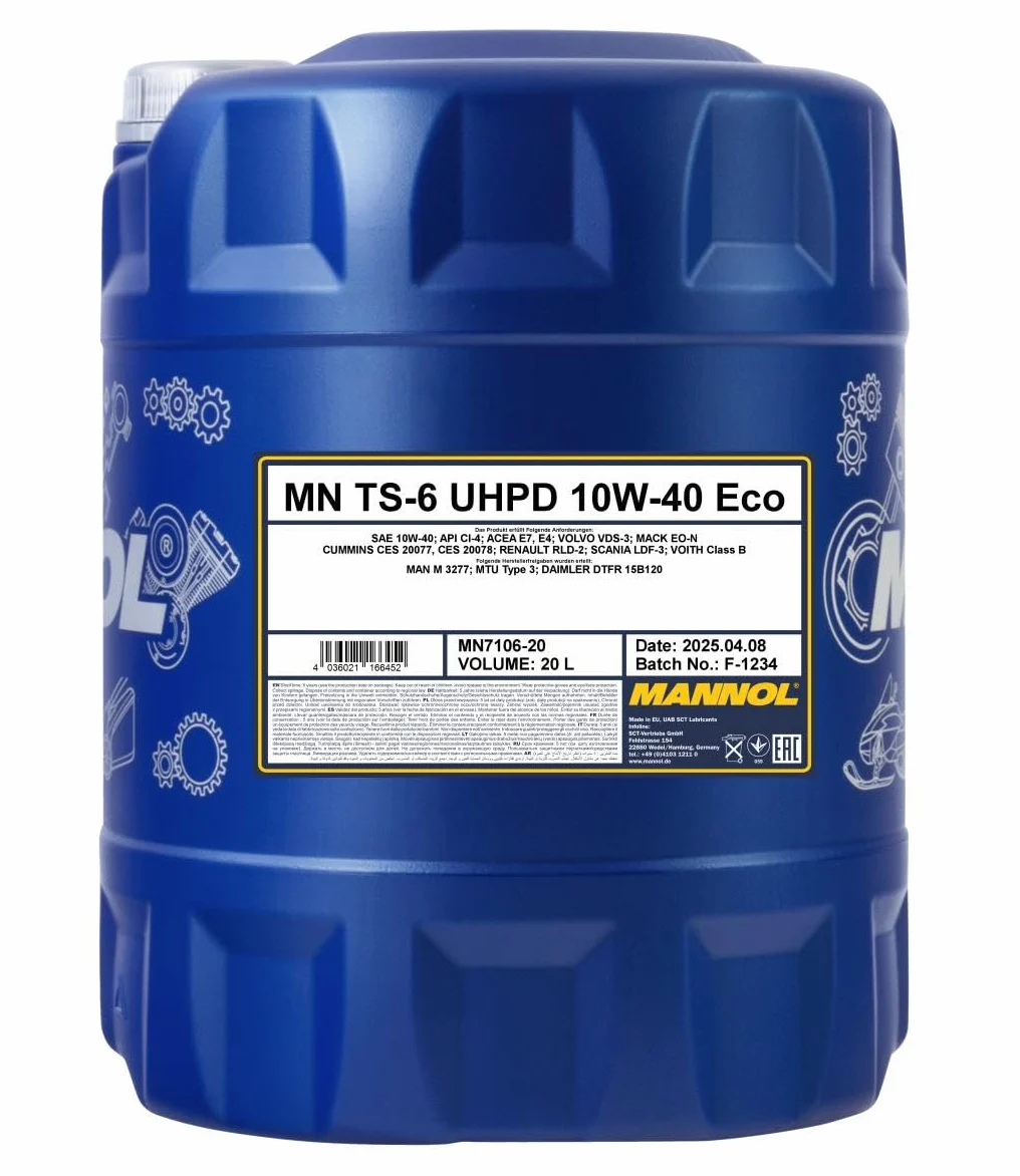 MANNOL Aceite de motor 10W-40 TS-6 ACEA E4 ACEA E7 API CI-4 API SL UHPD Eco 20L Compatible con MERCEDES-BENZ Clase C T-modell S204 Clase E T-modell S212 Clase E Sedán W212 Clase C Sedán W204 | Api Ci-4/SL Acea E4/E7 228.5,