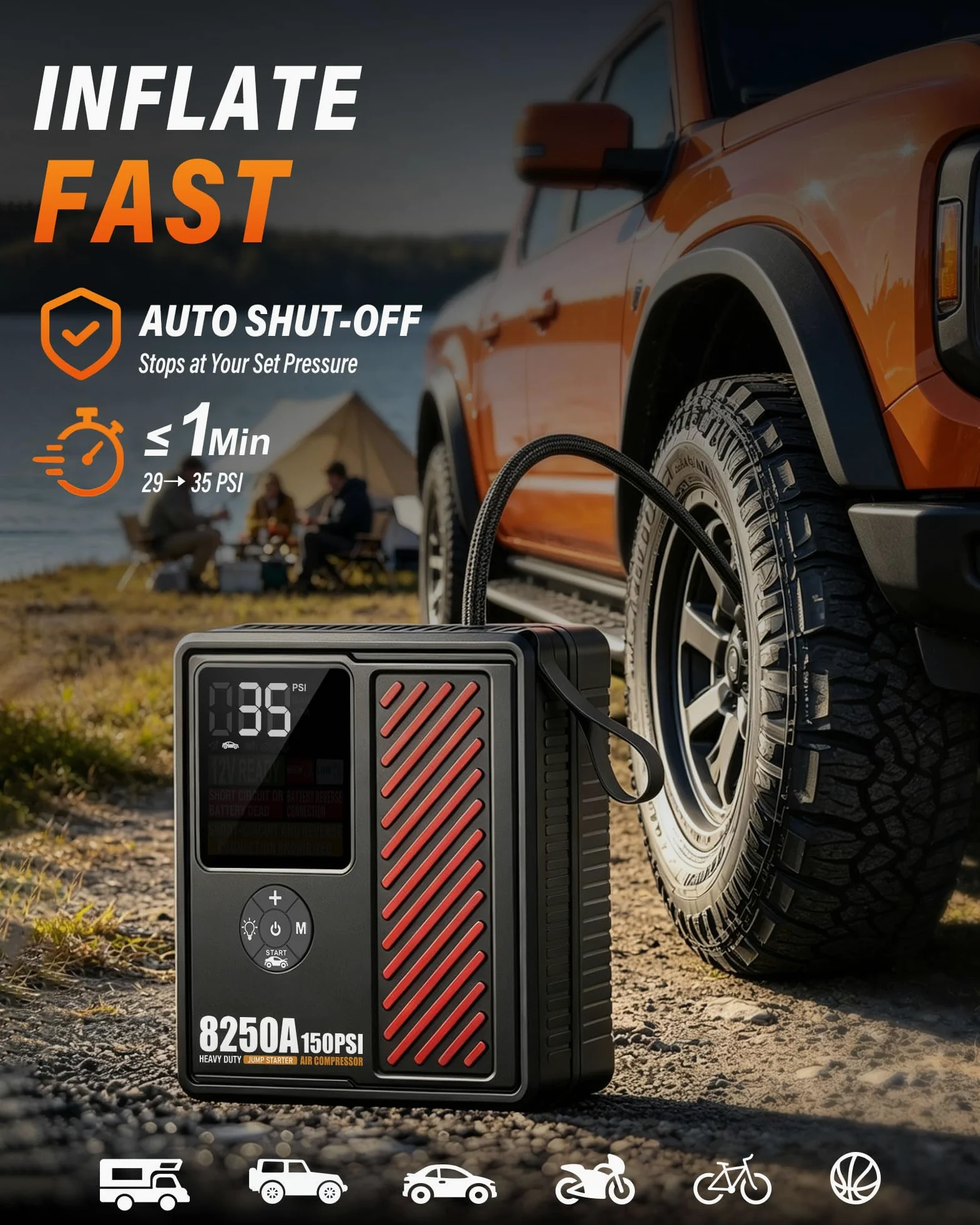 Arrancador portátil de coche de 8250 amperios con compresor de aire, inflador de neumáticos seguro de 150 PSI, inflado rápido de 40 l/min con apagado automático de 12 V, 760 CCA, arrancador de batería