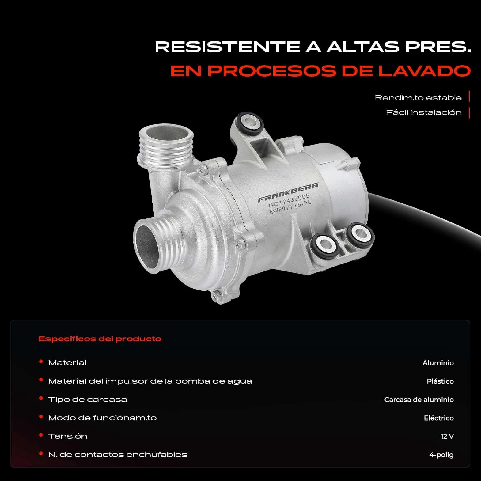 Frankberg Bomba de agua eléctrica 11517597715 | Compatible con: Z4 R.o.a.d.s.t.e.r E89, Serie 5 F10, X1 E84, 4 Cabriolet F33 F83, 4 Gran Coupé F36, X4 F26